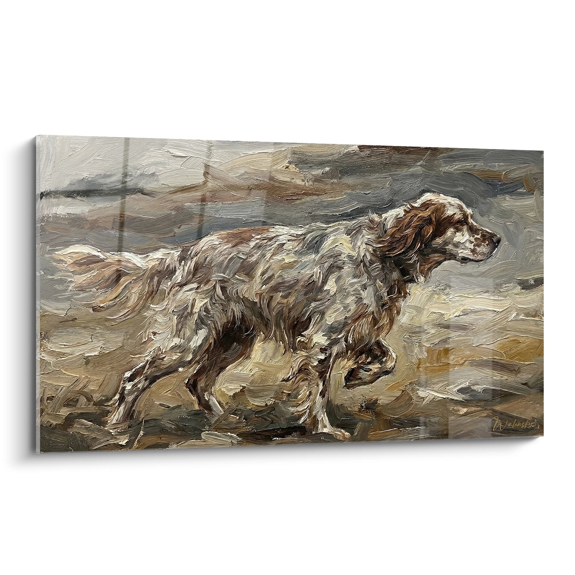 Peinture setter anglais fourrure doree tons bruns vent mouvement expressif style impressionniste chien profil