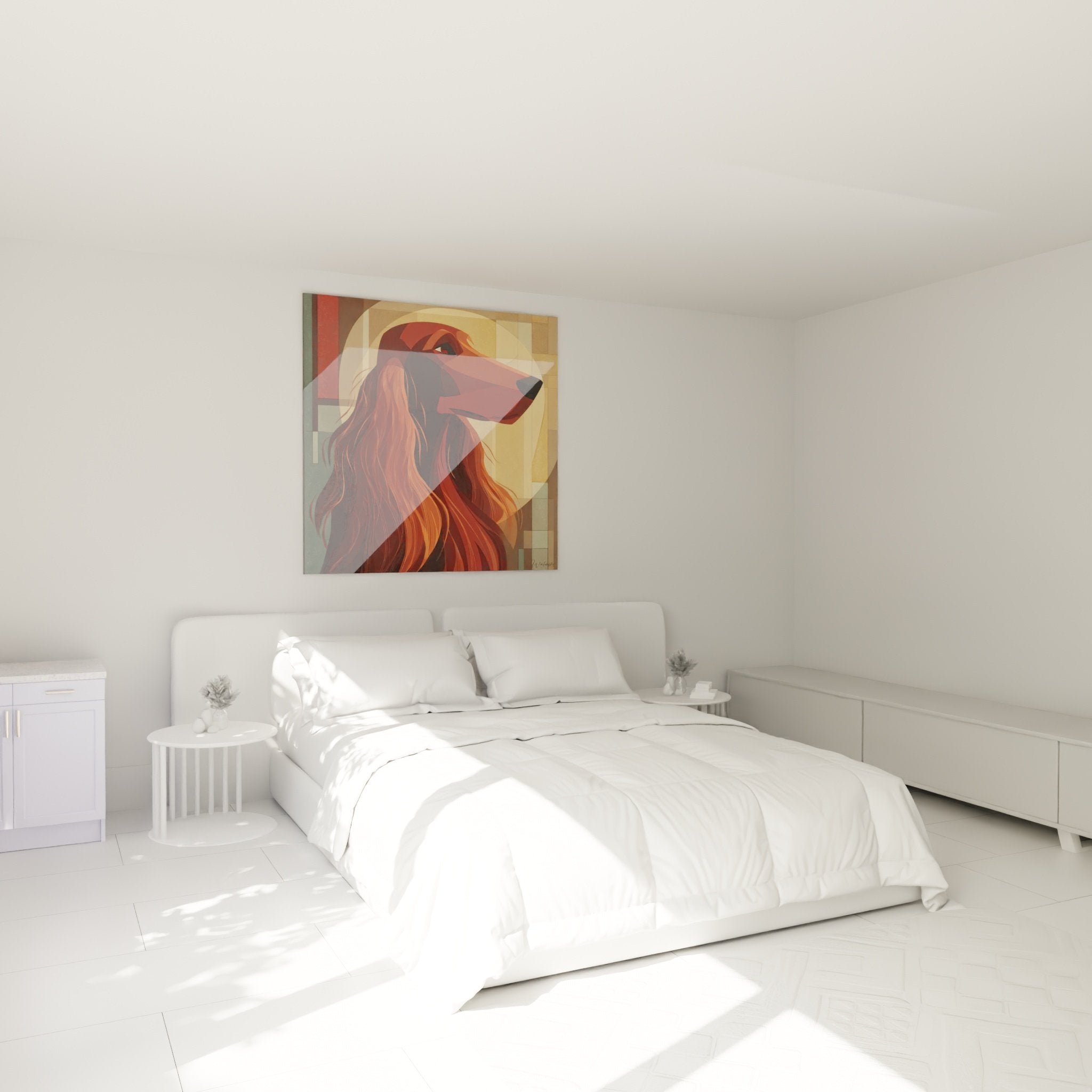 Tableau Setter Irlandais roux dans chambre moderne avec décoration tons chauds et mobilier naturel