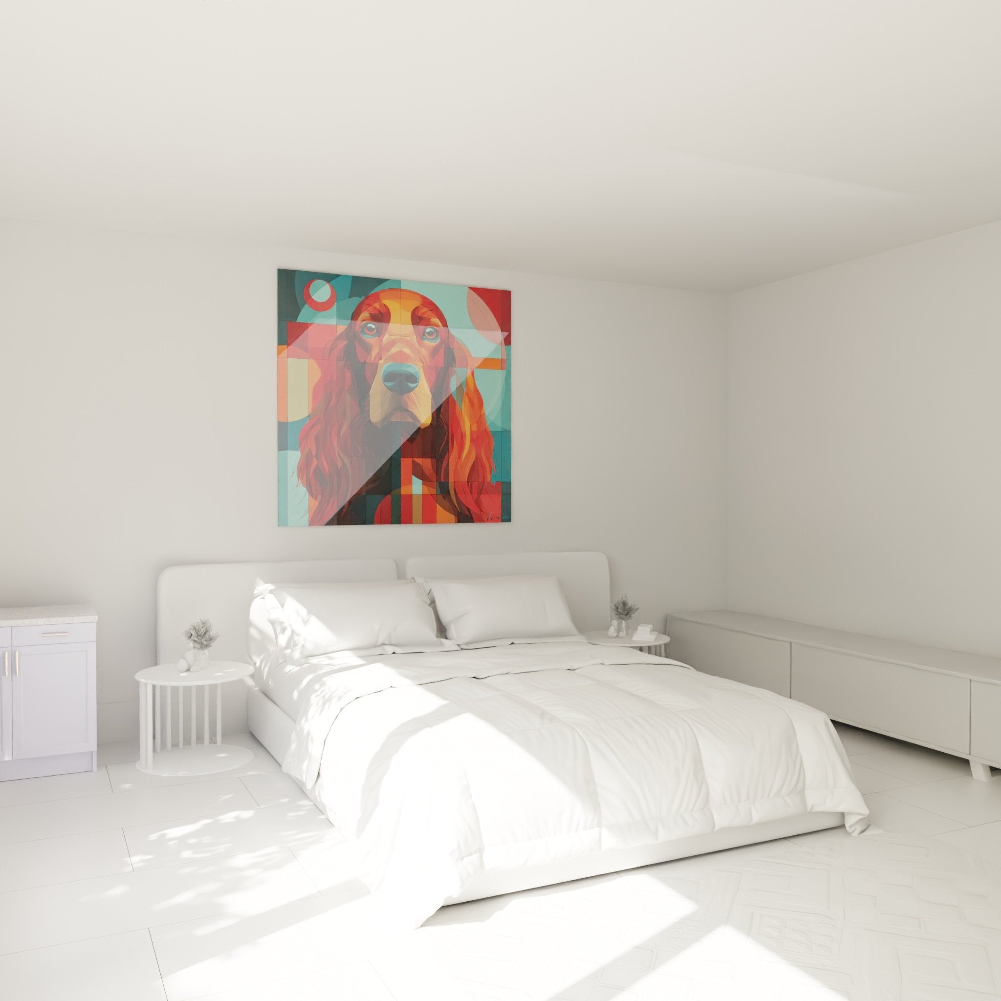 Tableau Setter Irlandais géométrique accroché au-dessus lit chambre décoration murale moderne colorée