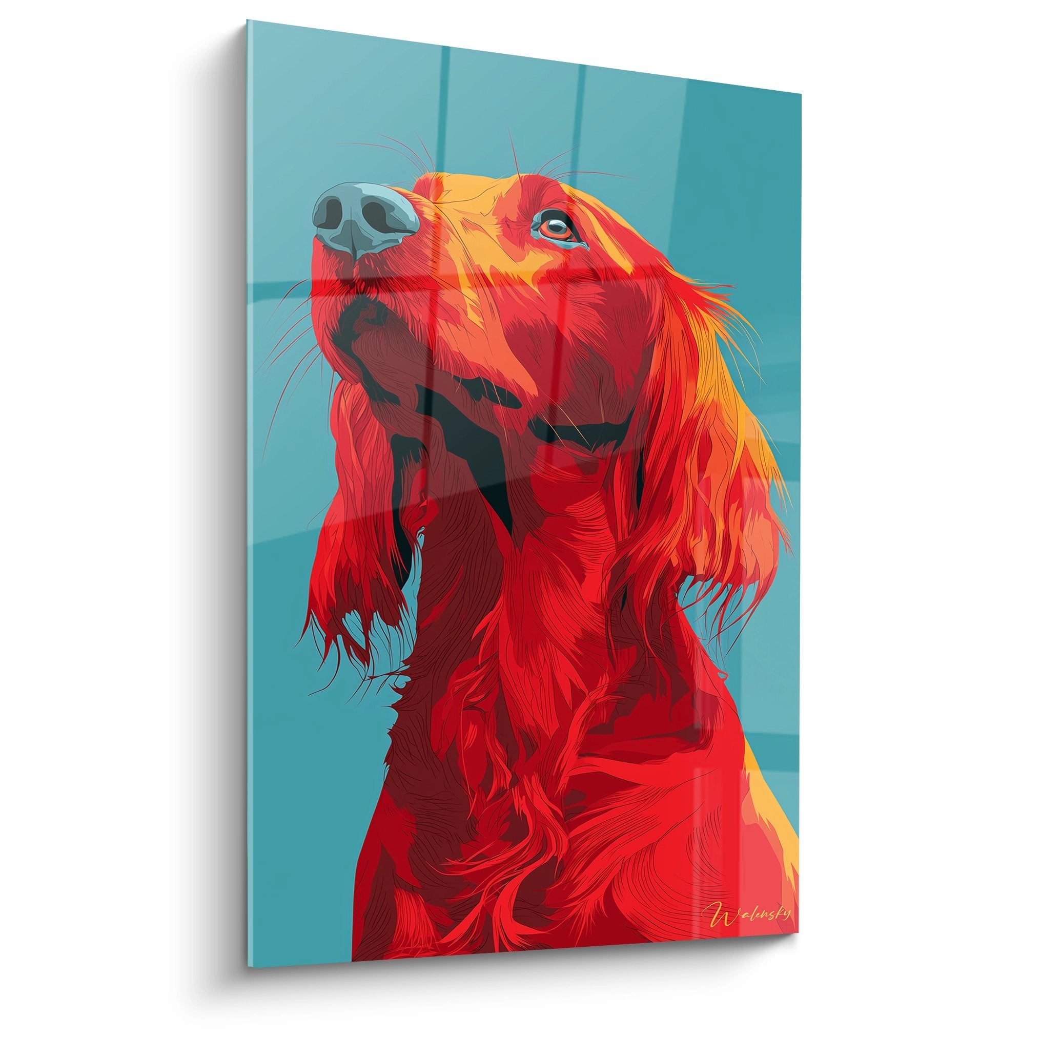 Portrait artistique Setter Irlandais pelage roux orangé fond turquoise regard expressif