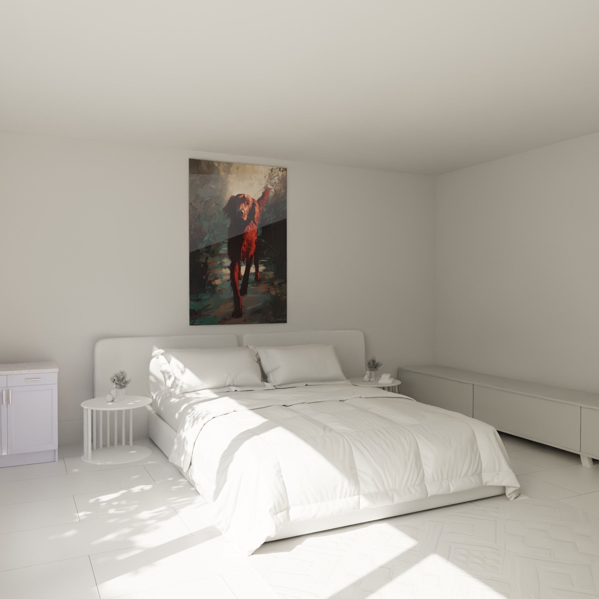 Artistic Irish Setter Painting displayed in modern bedroom with white walls