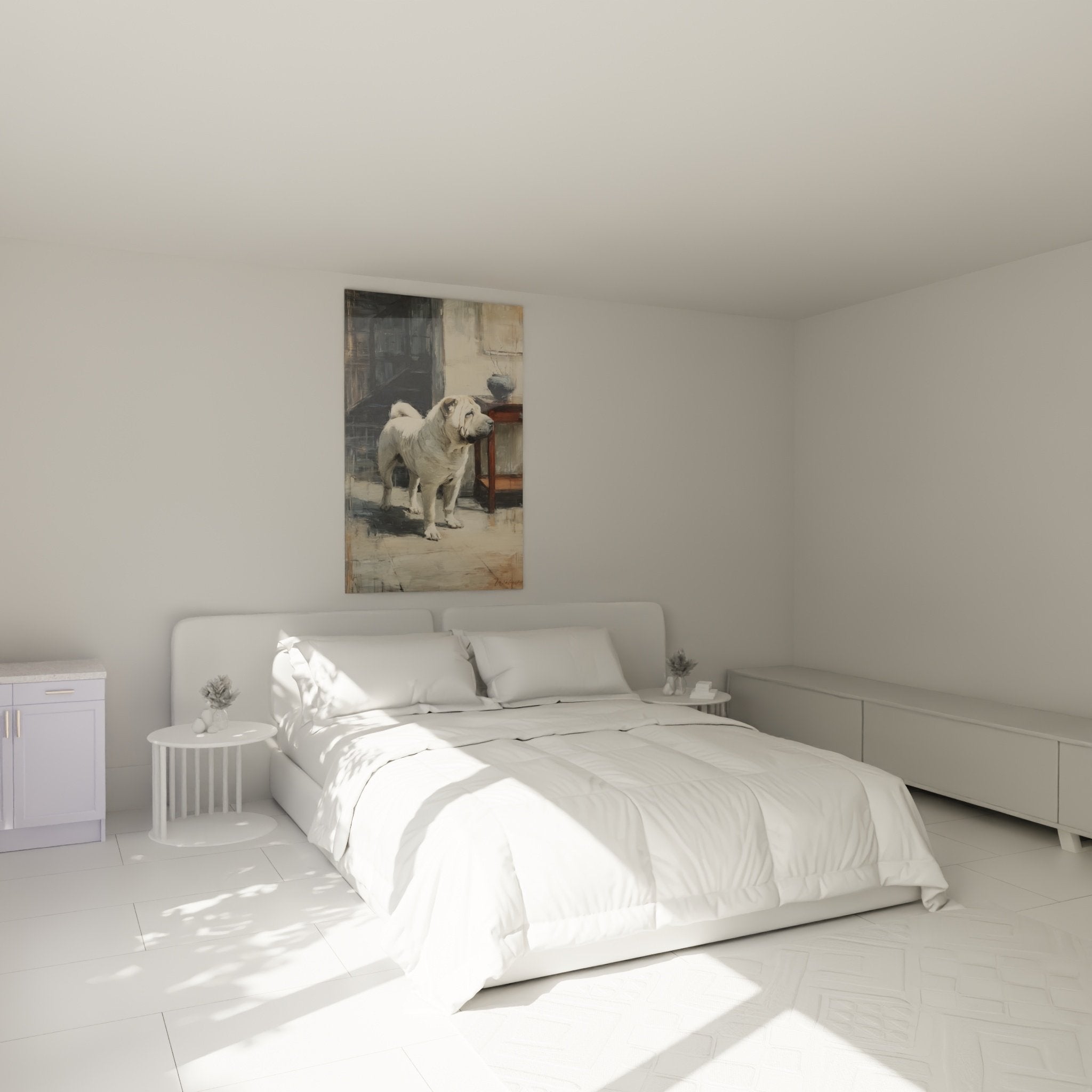 Shar Pei crème peint sur toile décorative dans chambre aux murs clairs et mobilier moderne