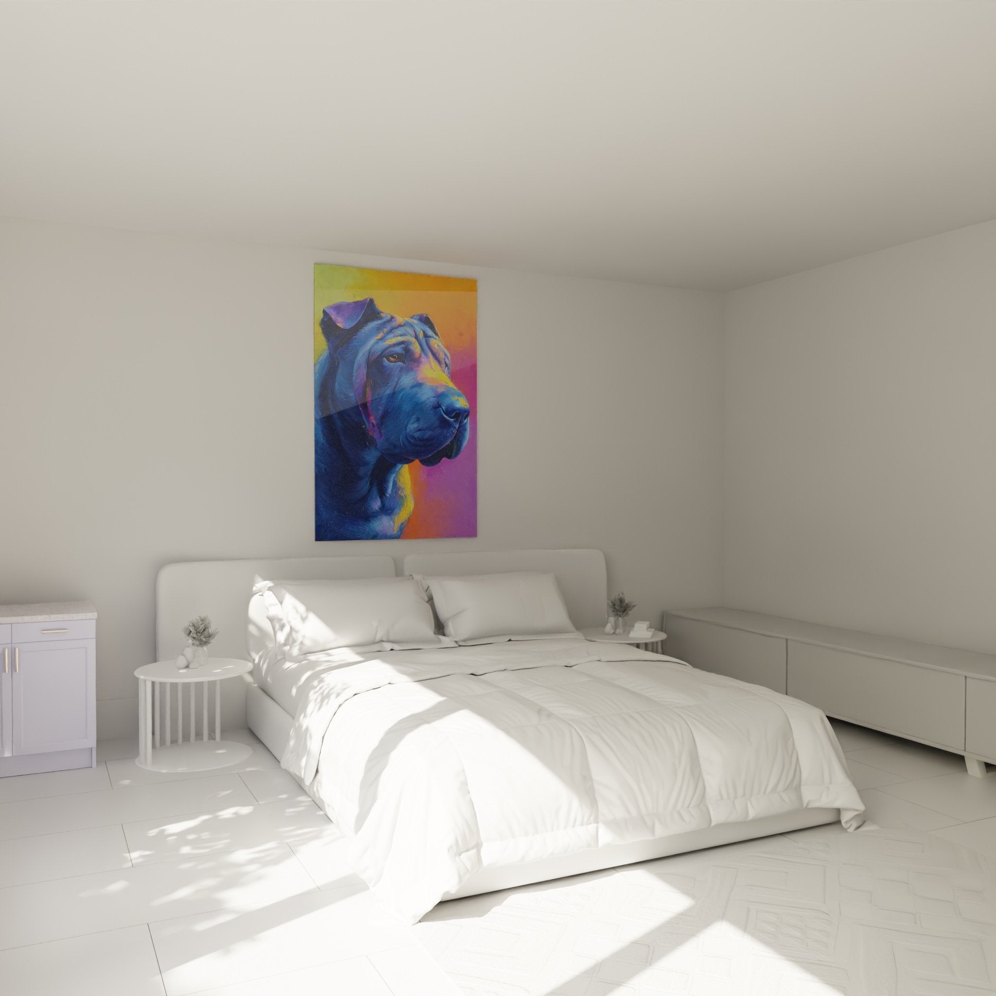 Tableau Shar Pei bleu et violet installé au-dessus d'un lit dans une chambre moderne aux tons neutres