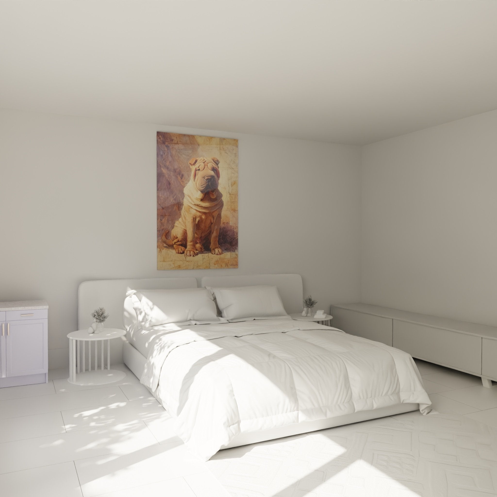 Tableau Shar Pei doré accroché au-dessus d'un lit dans chambre contemporaine beige