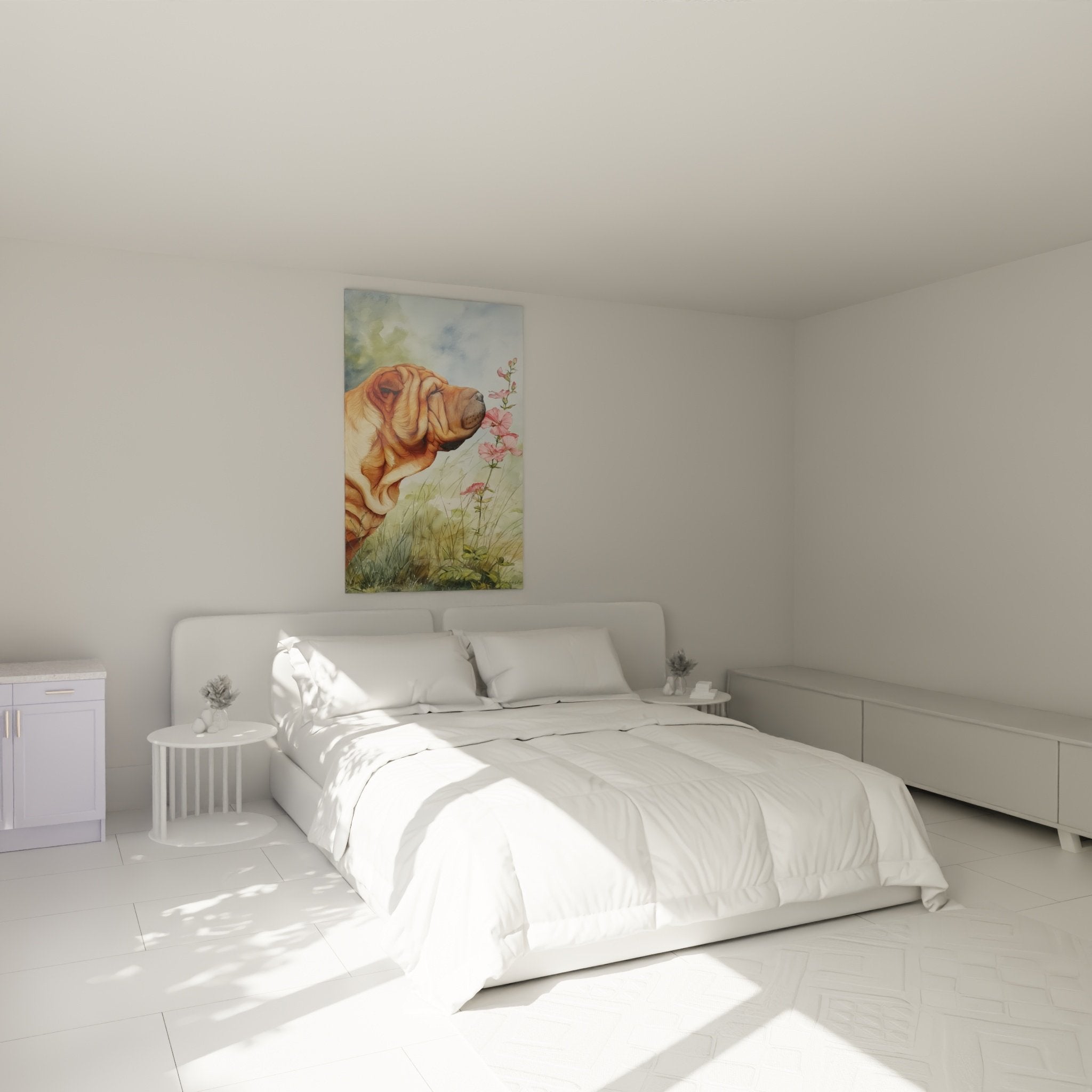 Tableau Shar Pei tons dorés et roses dans chambre moderne aux murs beiges