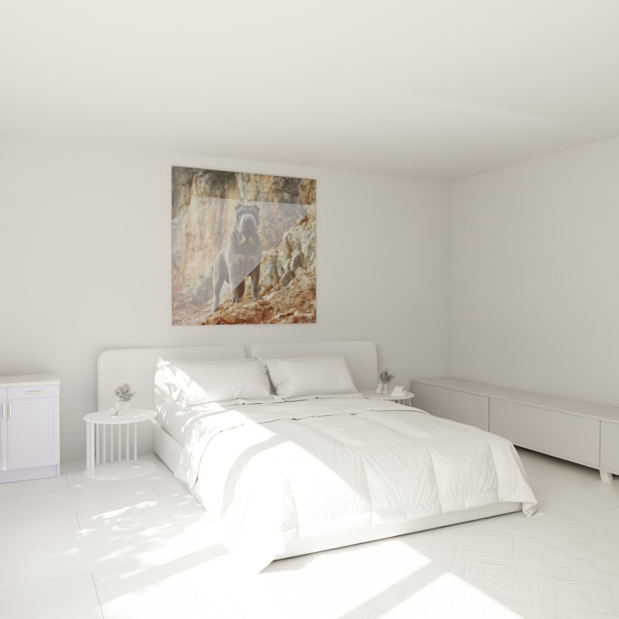 Edles Shar-Pei-Gemälde in modernem Schlafzimmer mit harmonischer Grau- und Beige-Dekoration