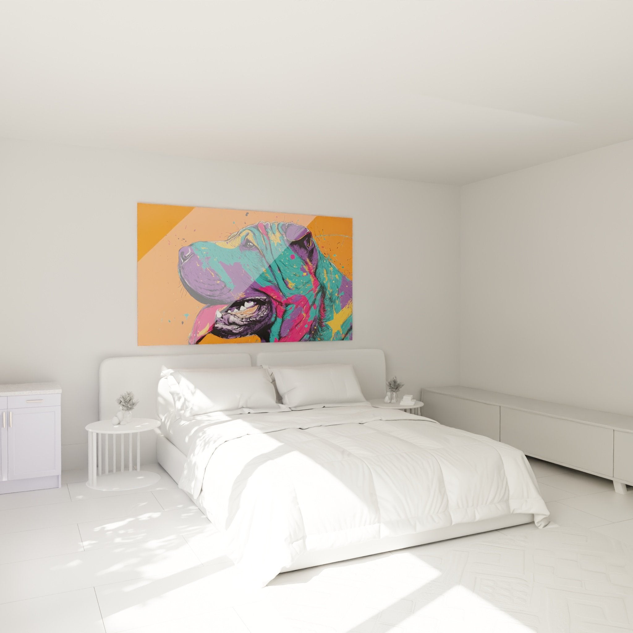 Farbenfrohe Shar-Pei-Leinwand an der Wand eines modernen Schlafzimmers mit passender zeitgenössischer Dekoration aufgehängt
