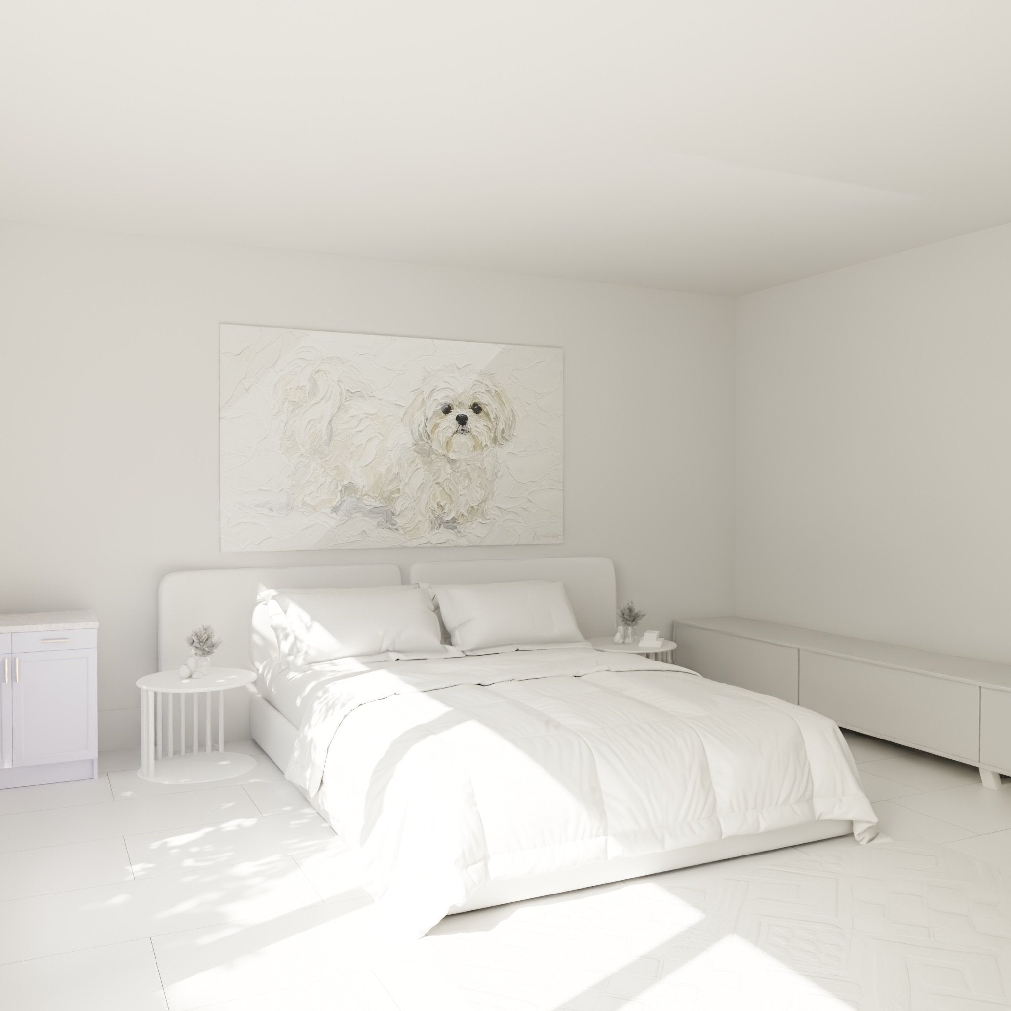 Tableau Shih Tzu tons nacrés accroché au mur chambre décoration murale apaisante