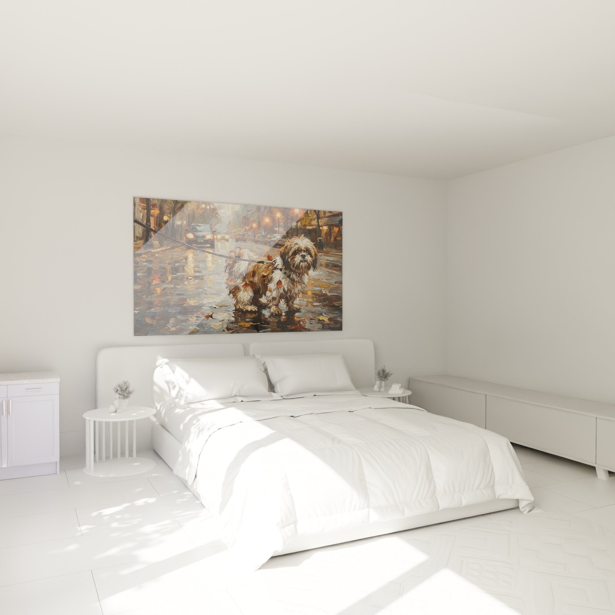 Rainy Shih Tzu wall art in modern bedroom with warm golden tones and cosy ambiance