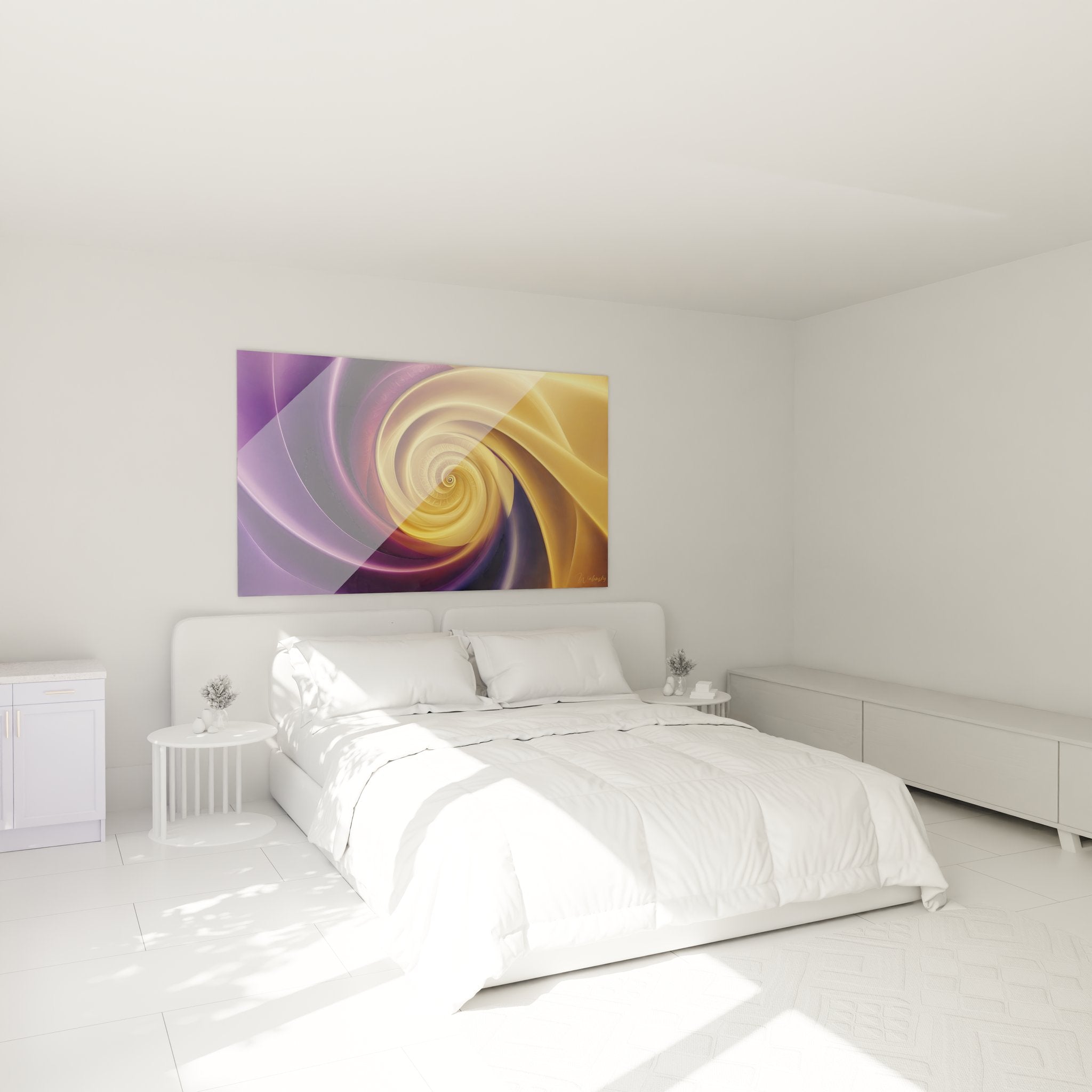 Spirale dorée abstraite dans chambre moderne, décoration murale art contemporain violet et or