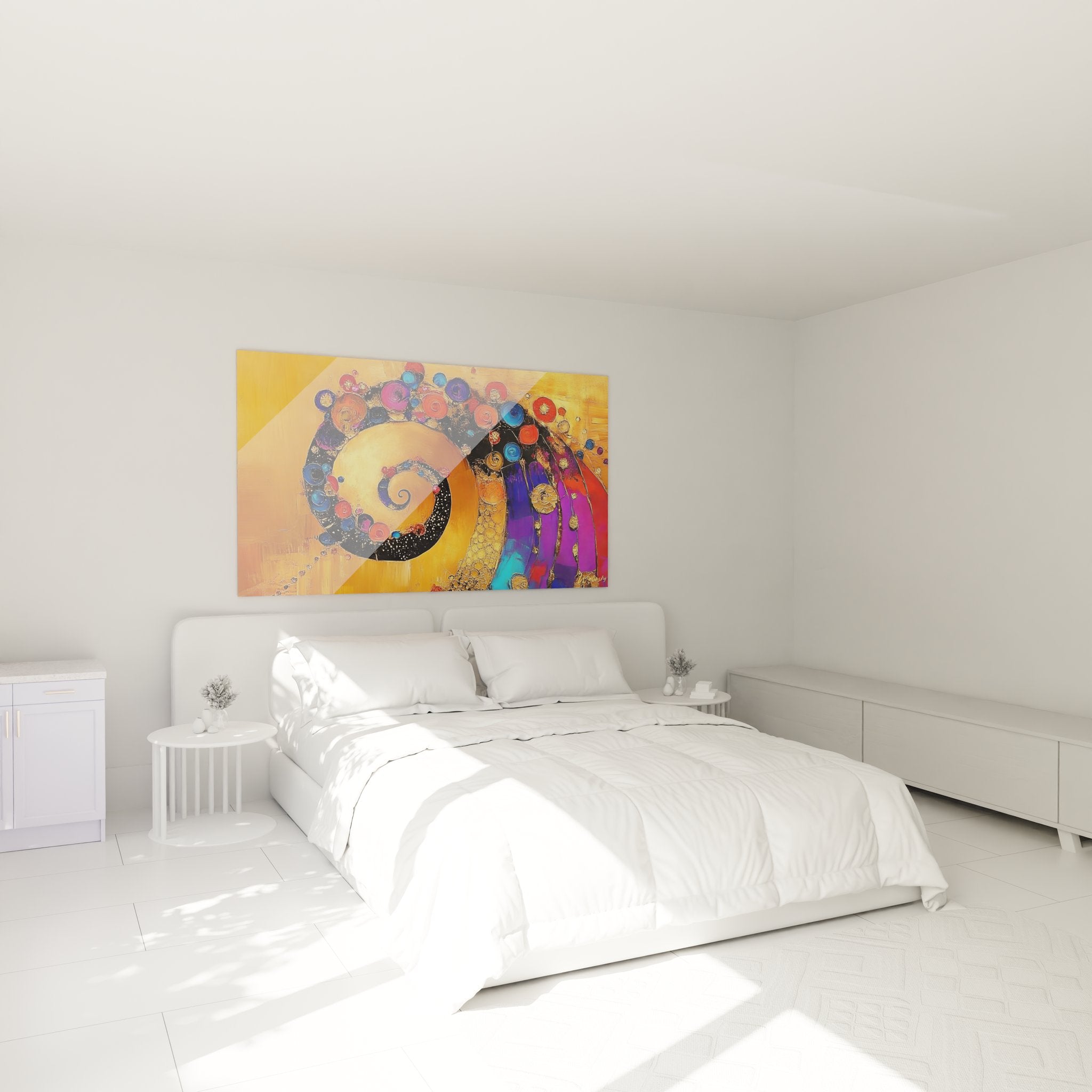 Tableau spirale abstraite dorée dans chambre moderne - décoration murale contemporaine