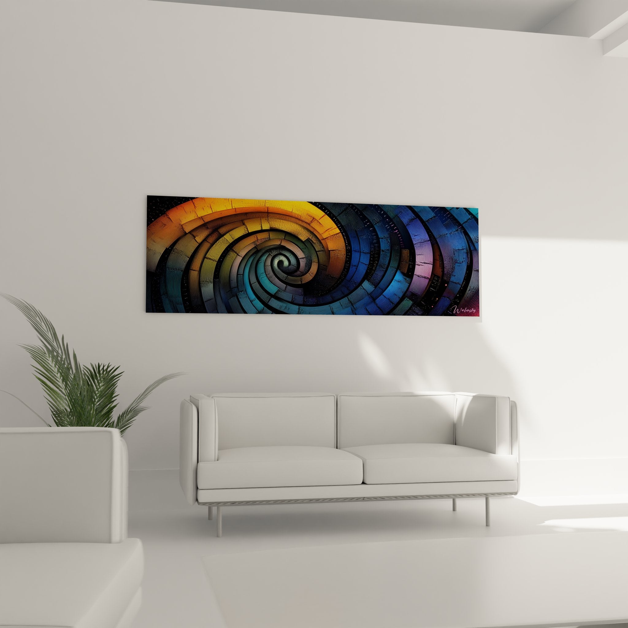 Détail gros plan spirale abstraite colorée, segments géométriques dorés et bleus, texture artistique