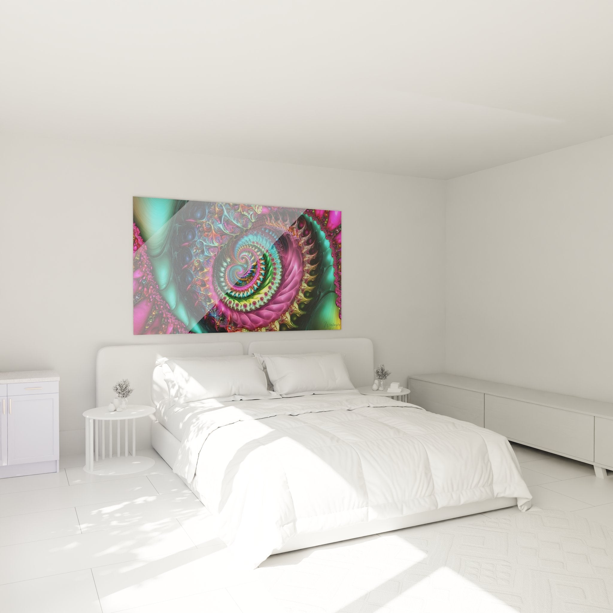 Tableau spirale abstraite multicolore décorant une chambre moderne avec couleurs psychédéliques