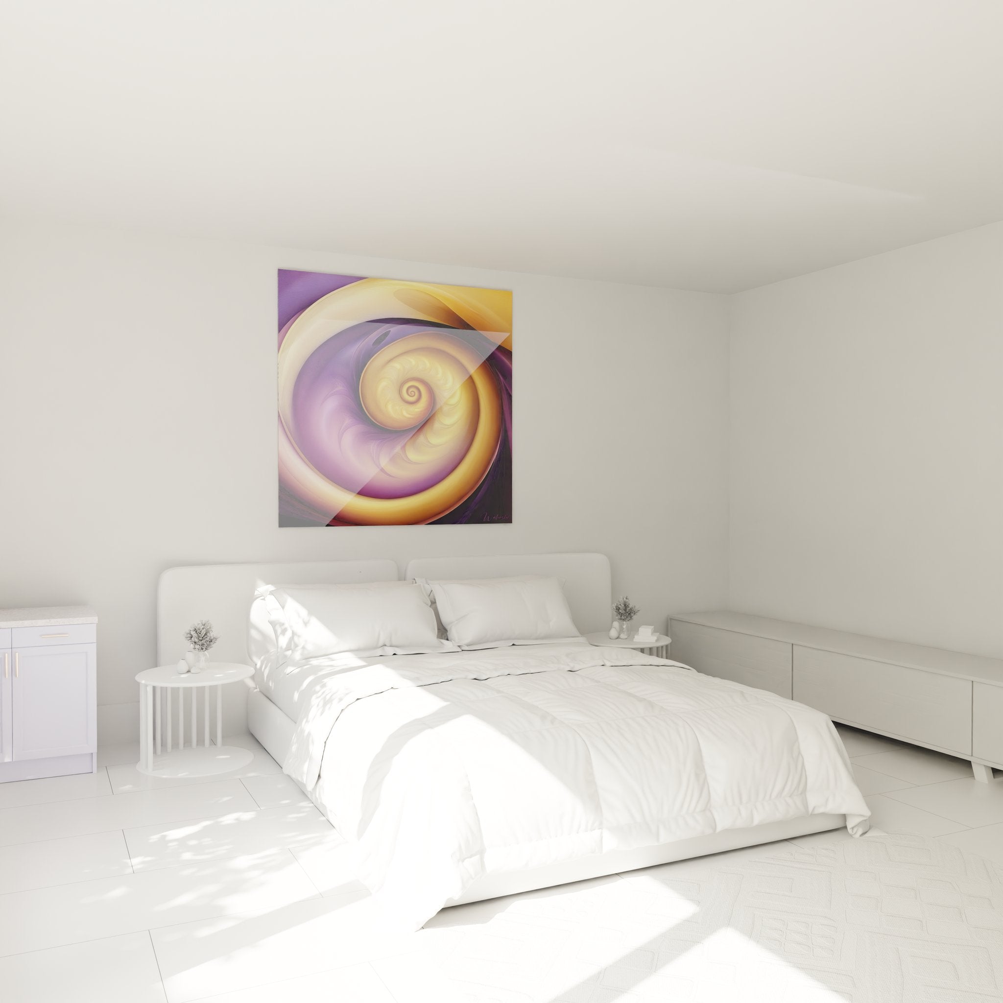Tableau spirale abstraite dorée dans chambre moderne, créant ambiance relaxante avec vortex hypnotique