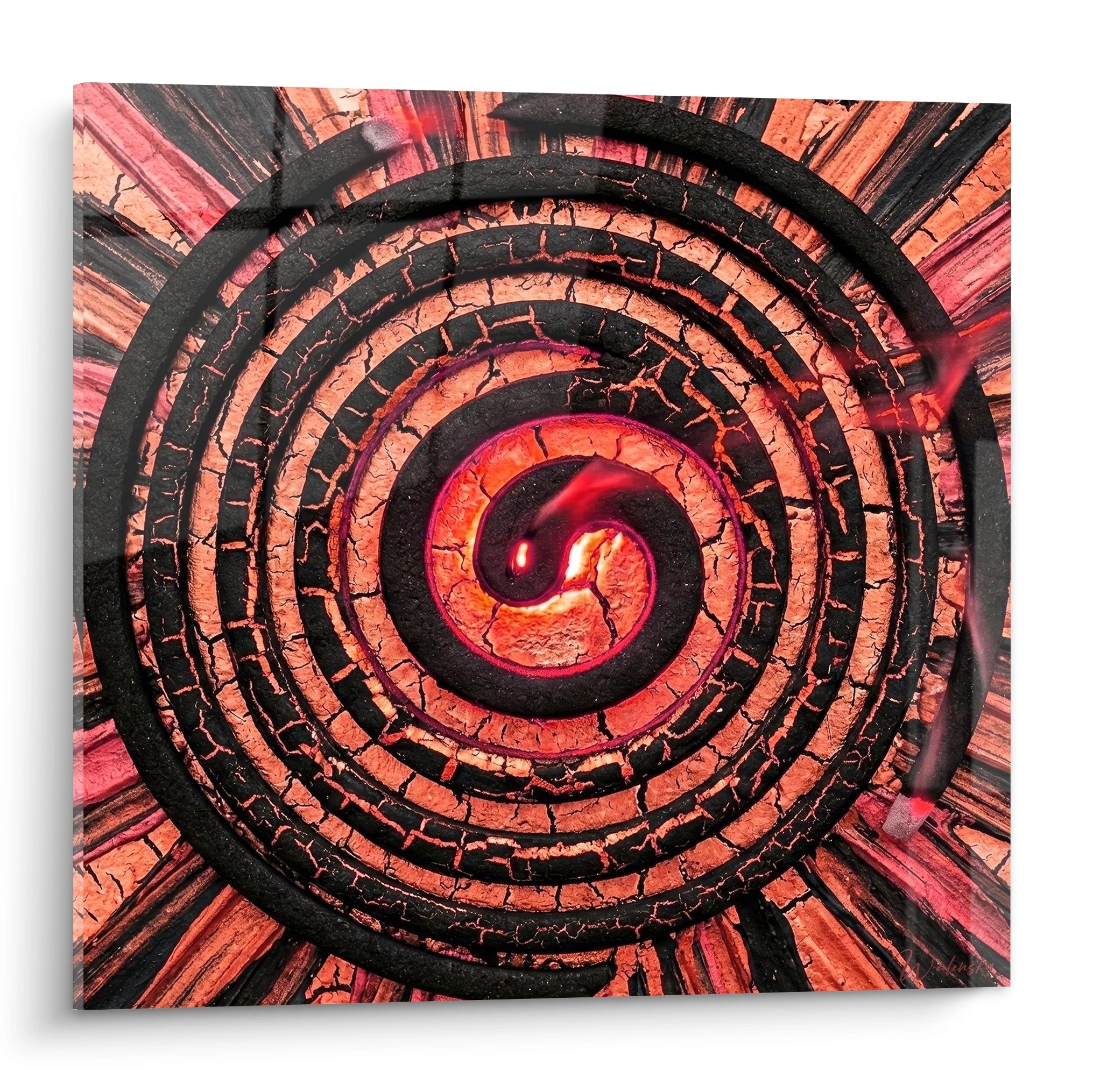 Red and black concentric spiral wall art with hypnotic crackle effects mystical incense edition