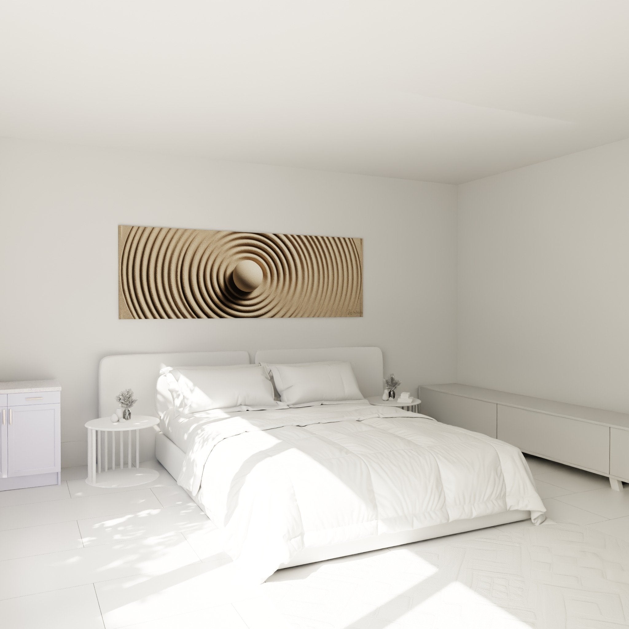 Sculptural beige spiral in modern bedroom white wall contemporary furniture artistic wall décor relief