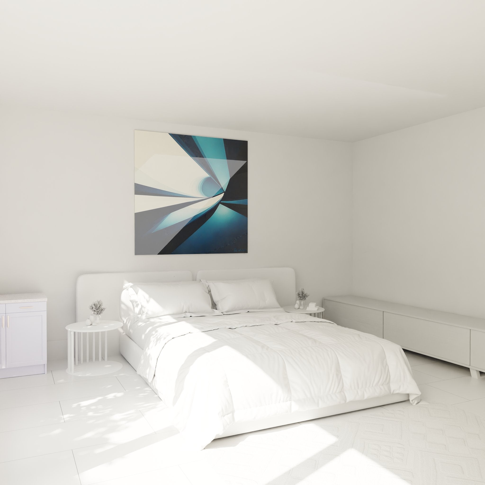 Tableau mural spirale bleue dans chambre moderne, décoration murale abstraite contemporaine