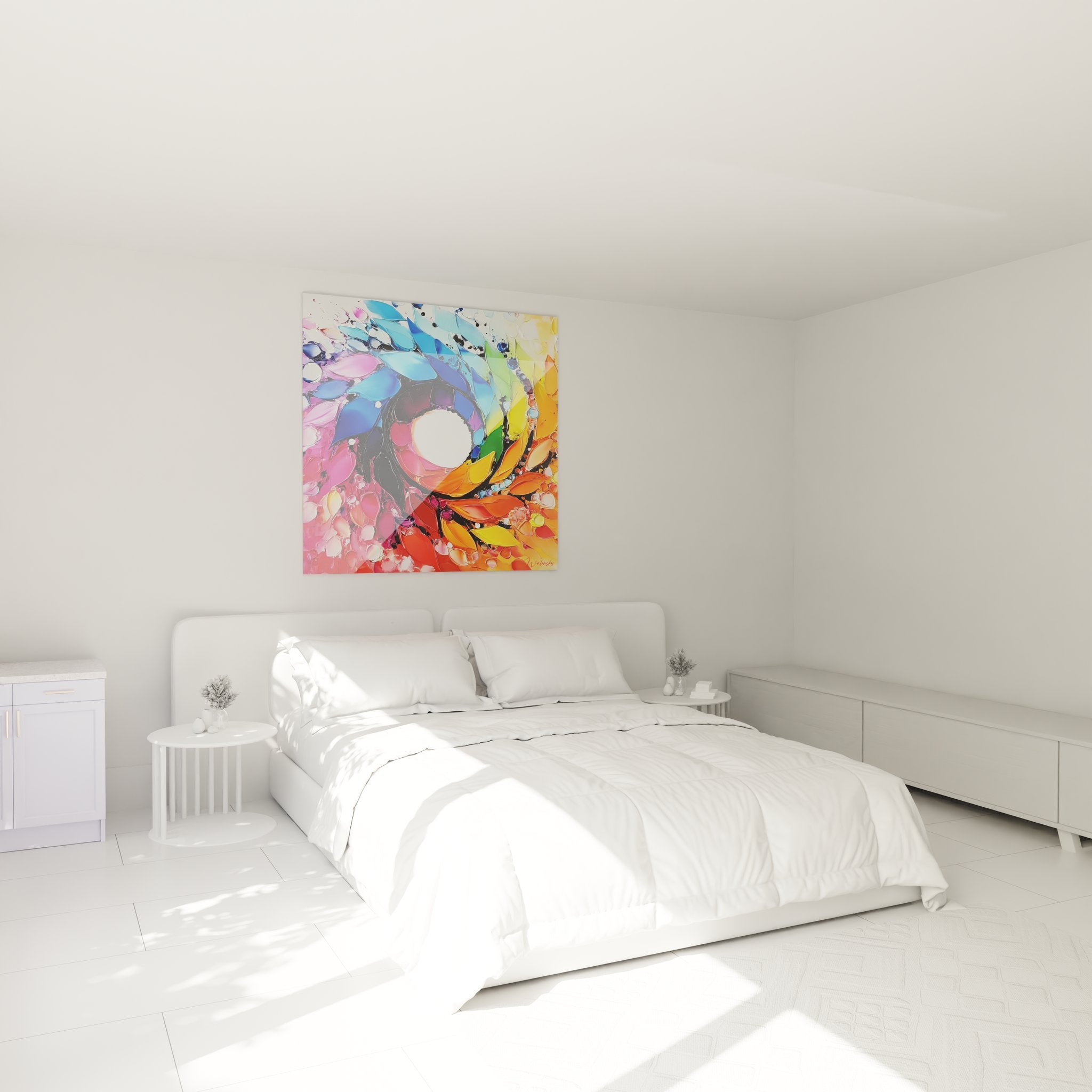 Tableau spirale abstrait coloré dans chambre moderne - décoration murale artistique contemporaine