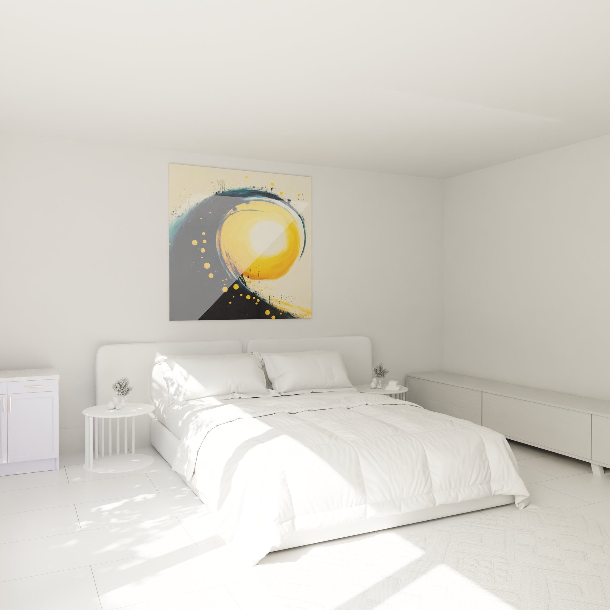 Tableau spirale abstraite cosmique dans chambre moderne, décoration murale dorée et bleue sophistiquée