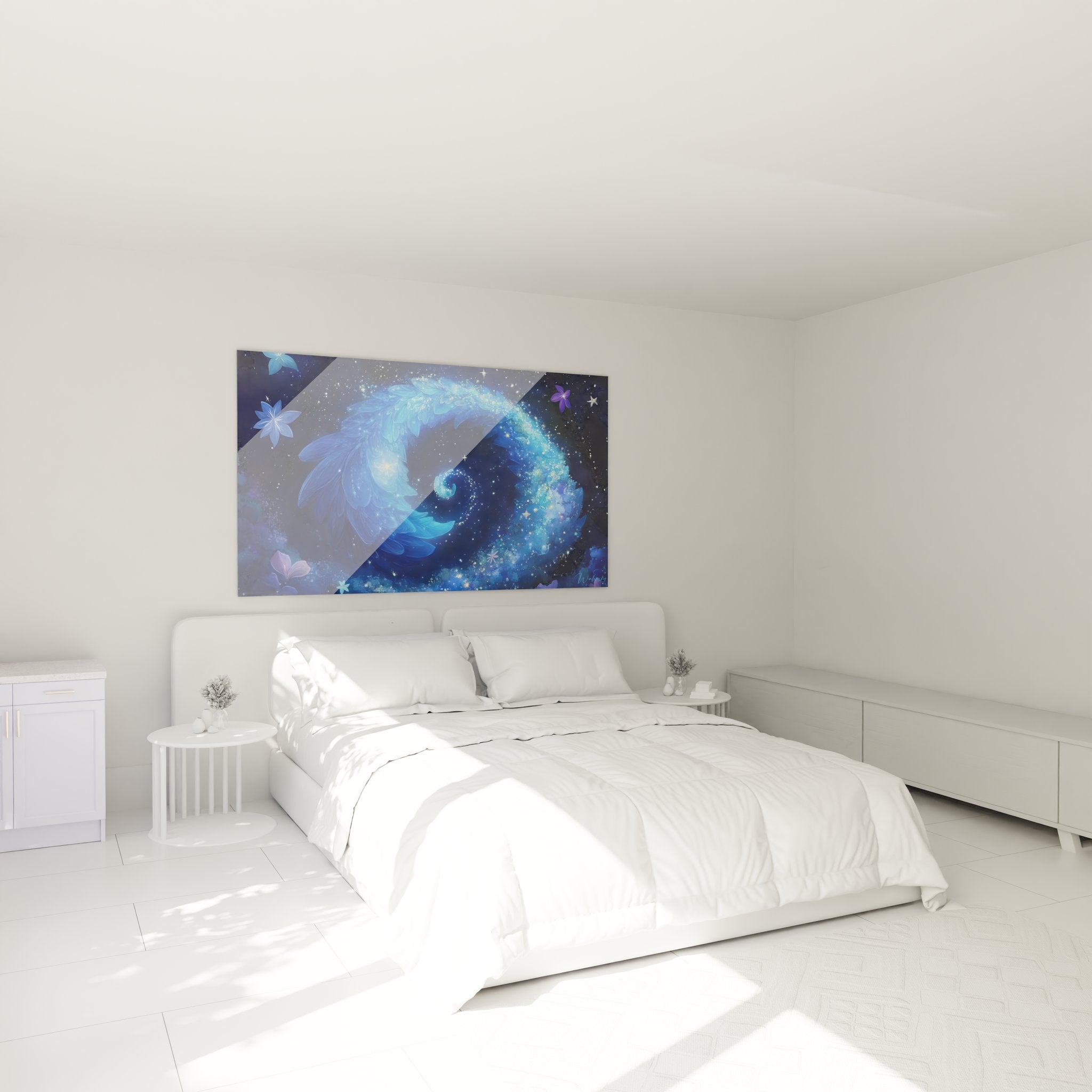 Tableau mural spirale galactique bleue installé dans chambre moderne pour décoration murale