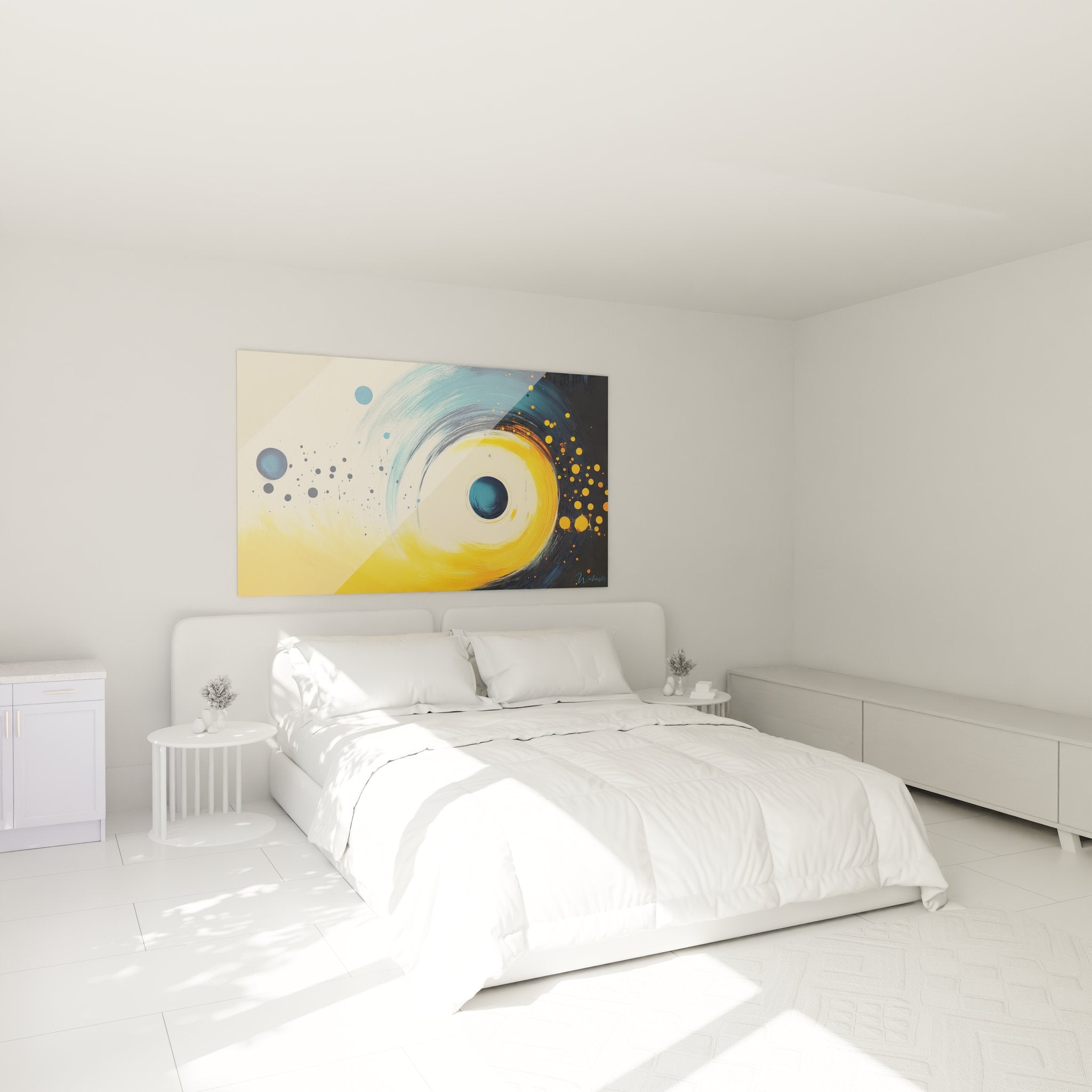 Tableau spirale abstraite dorée installé dans chambre moderne avec décoration contemporaine