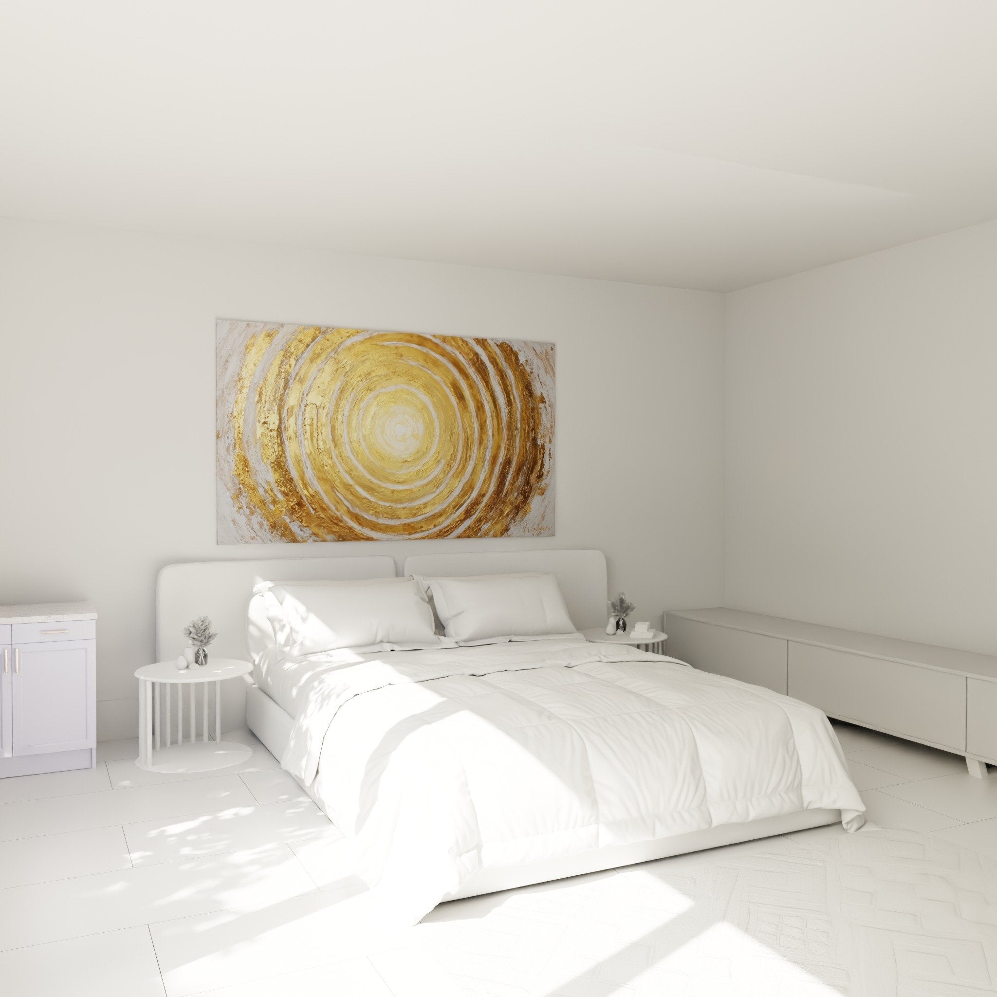 Golden spiral wall art bedroom modern decoration, concentric metallic circles warm ambiance