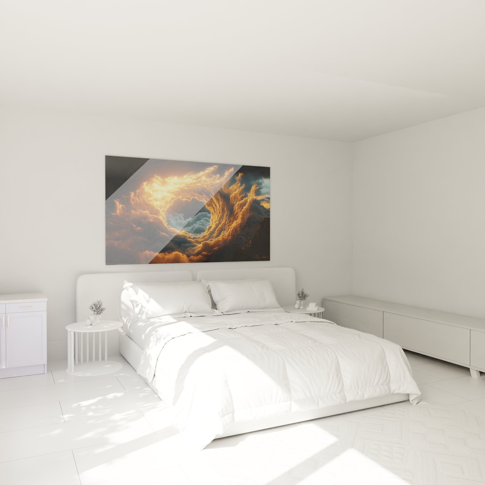 Tableau spirale enflammée dorée dans chambre moderne, décoration murale élégante