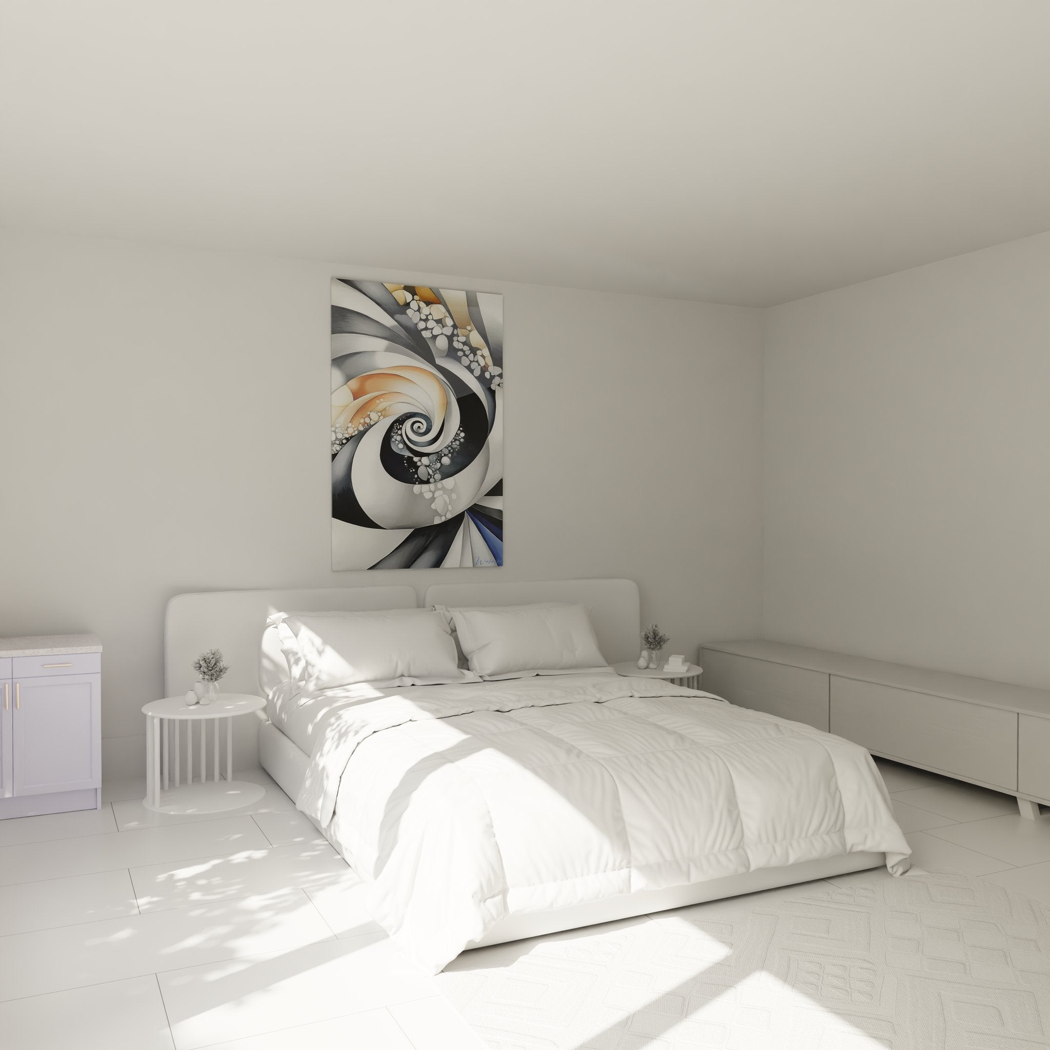 Tableau mural spirale métallique dans chambre contemporaine avec éclairage d'ambiance moderne
