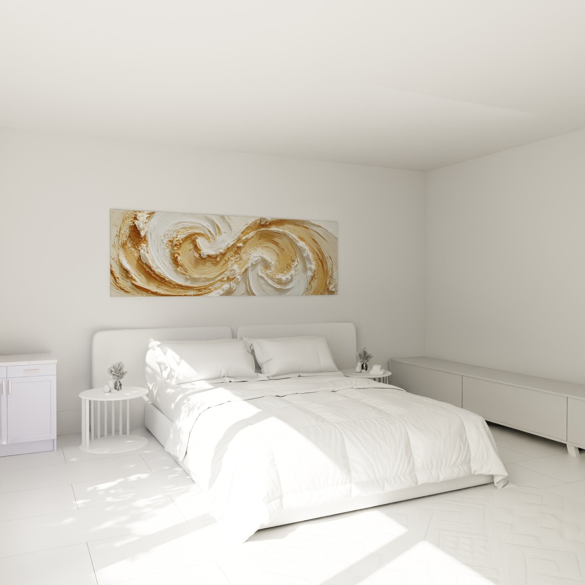 White golden spirals relief in harmonious feng shui earth-centered bedroom wall decoration