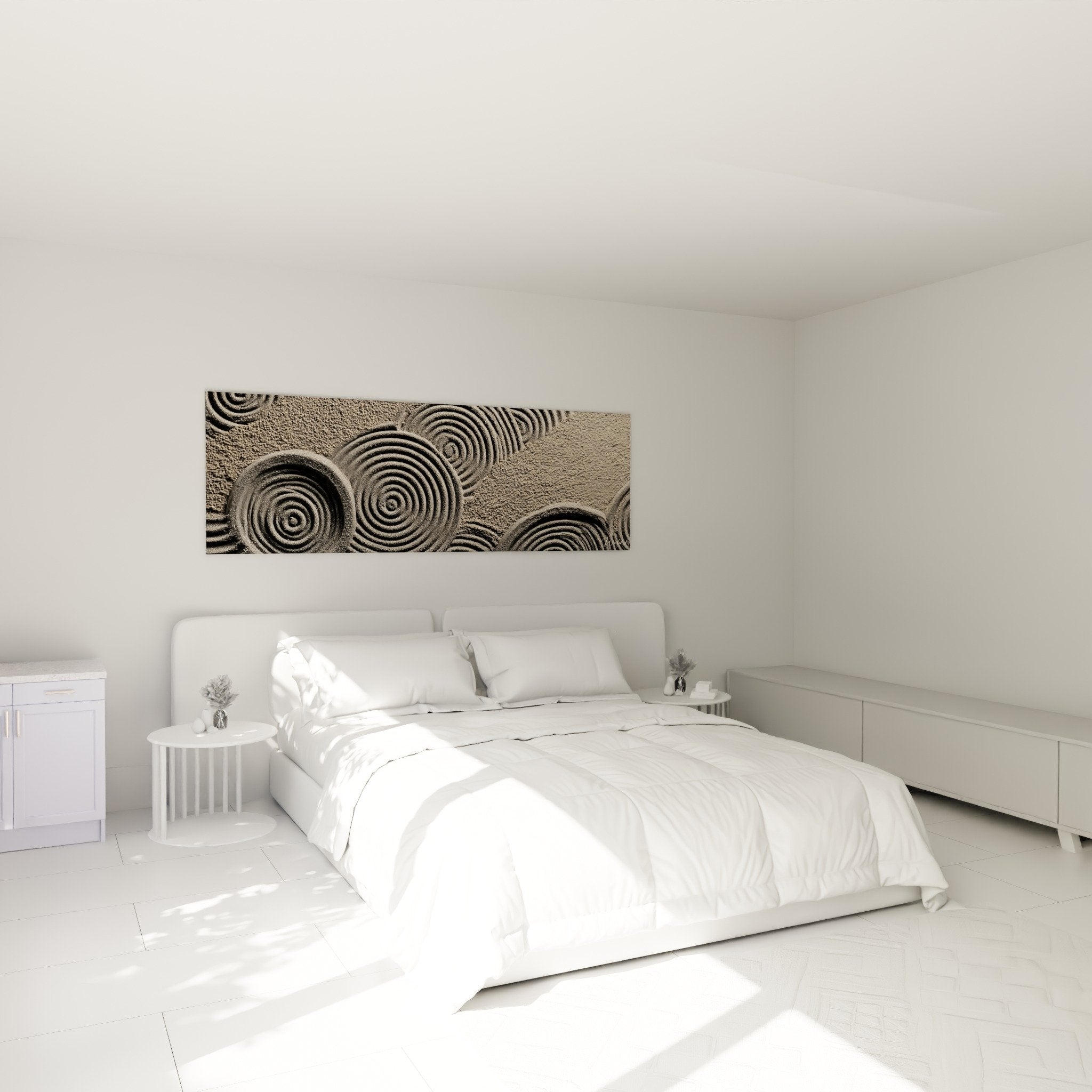 tableau spirales sable beige gris dans chambre moderne decoration murale zen minimaliste