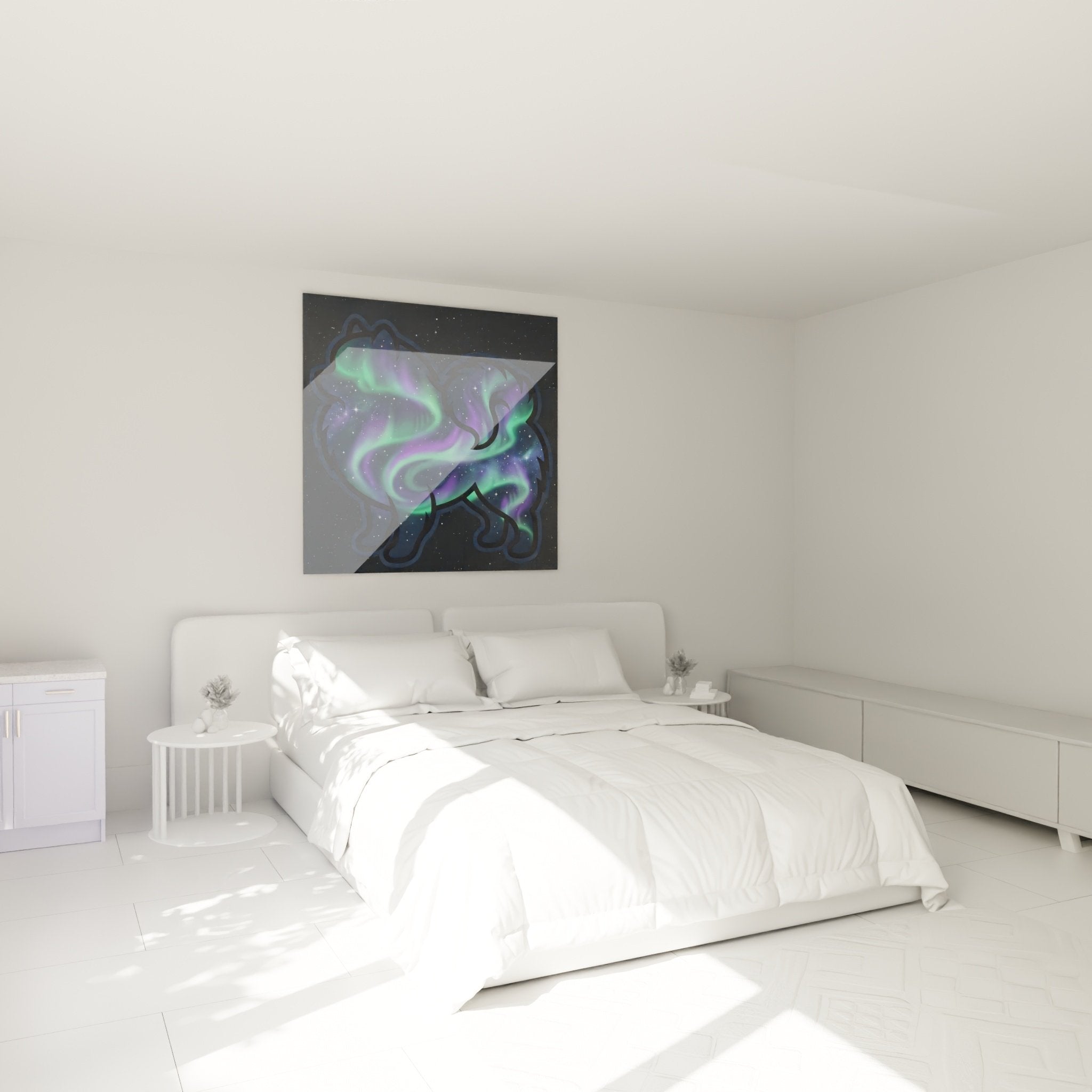 tableau chien spitz aurore boreale chambre decoration murale cosmique violet vert ambiance relaxante etoiles