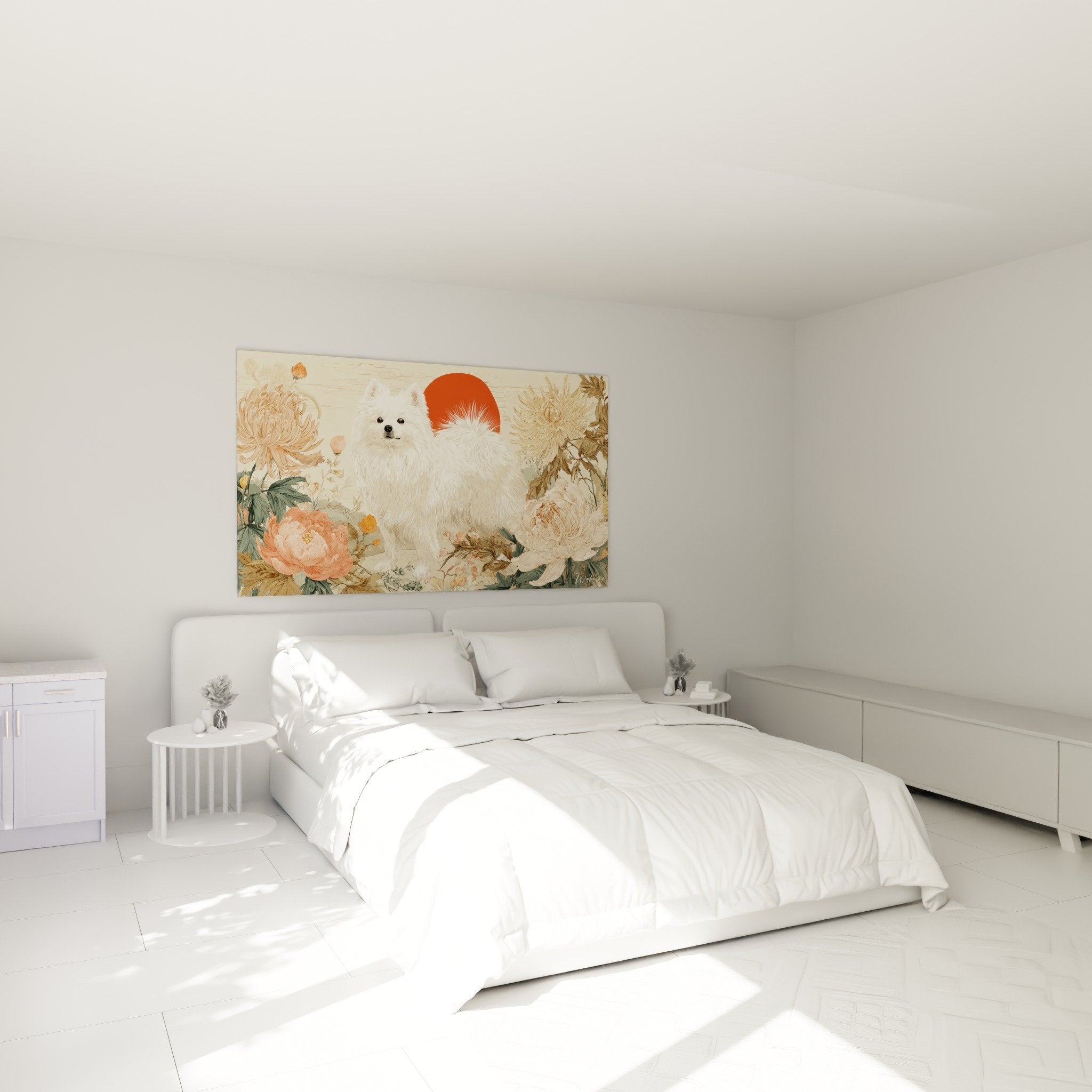 tableau spitz japonais chambre decoration murale art japonais ambiance zen pivoines chrysanthemes