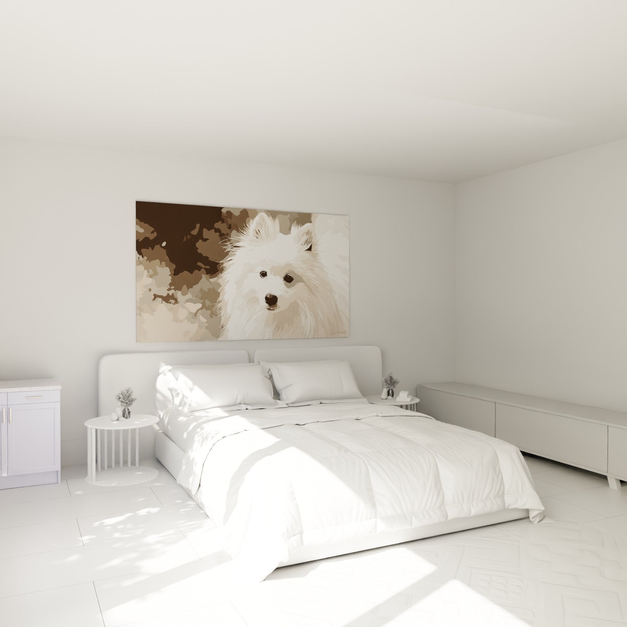 Tableau Spitz Japonais beige dans chambre moderne, ambiance douce et apaisante, décoration murale tendance