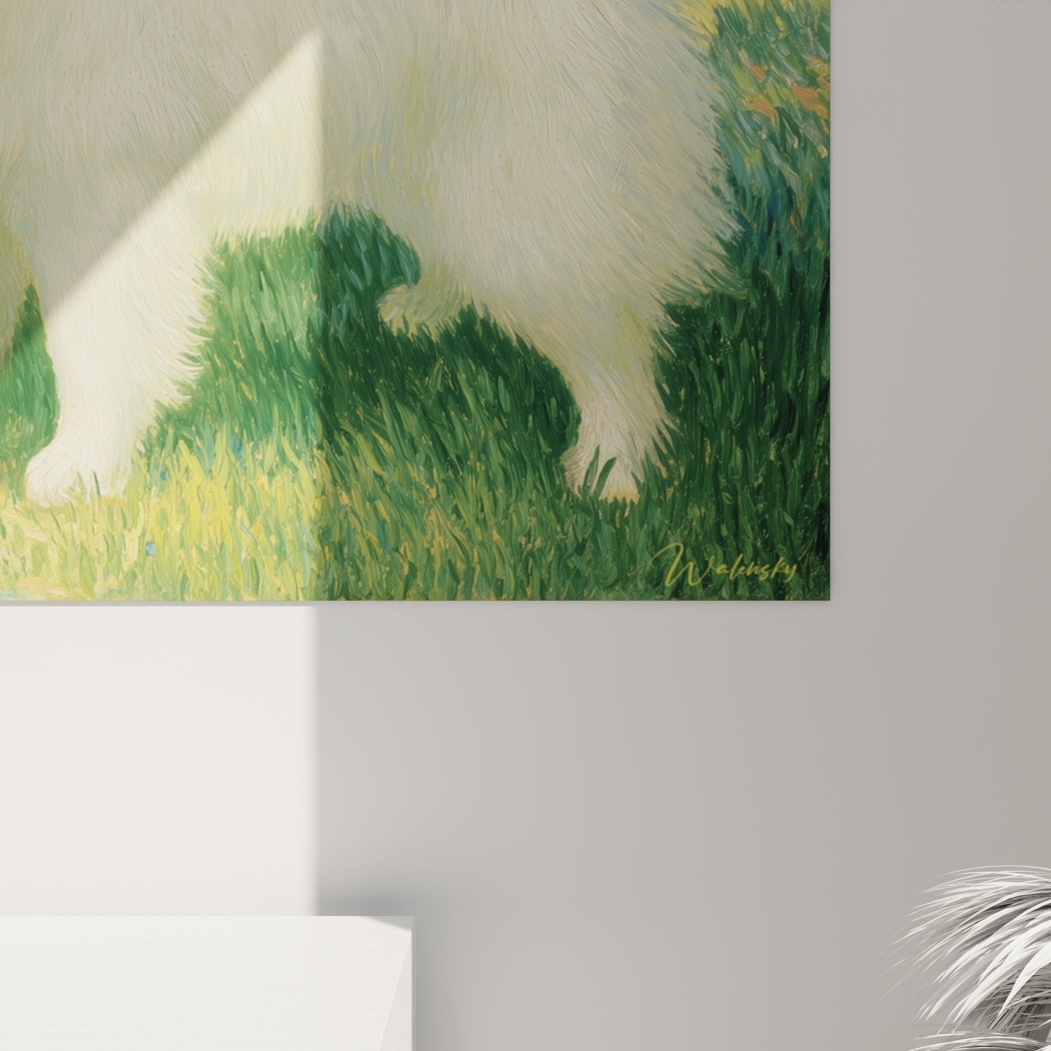 Tableau spitz japonais blanc oranger salon decoration murale art canin nature printemps