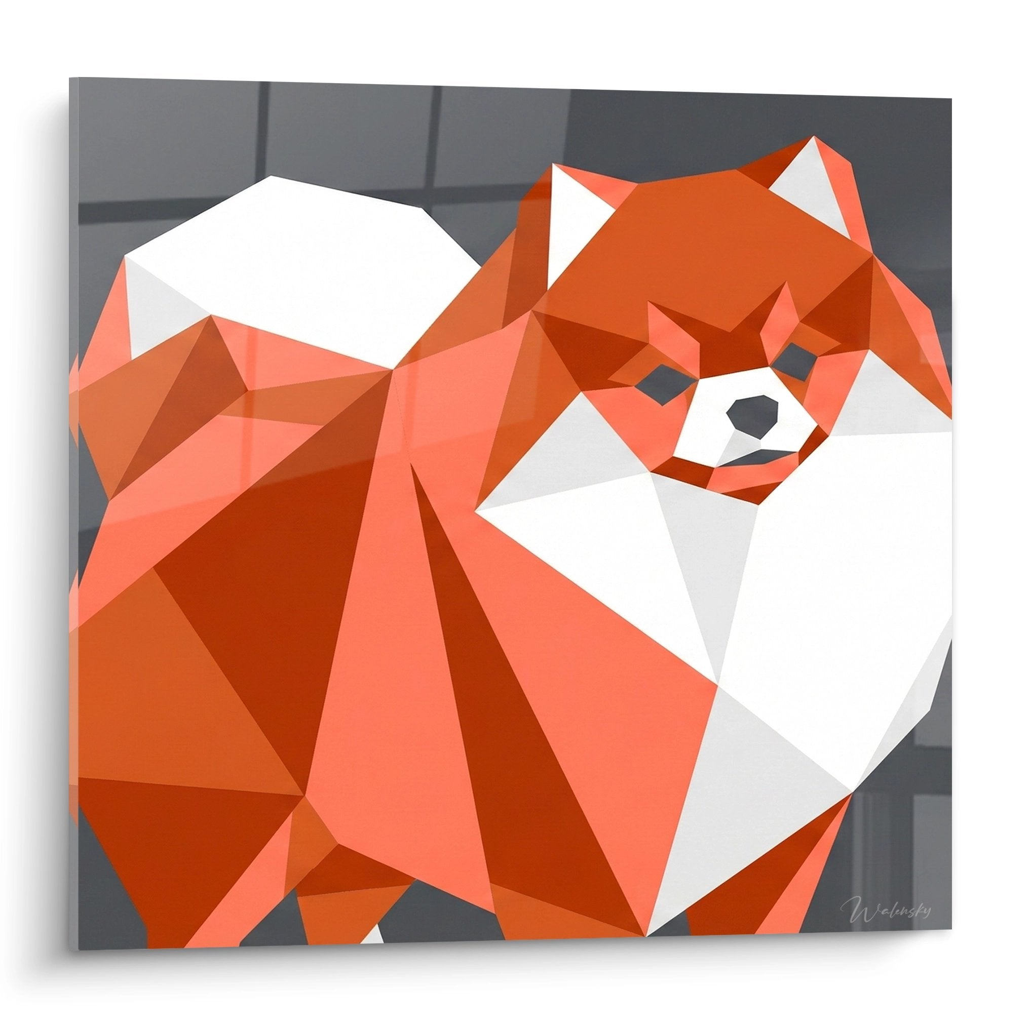 Tableau moderne Spitz Pomeranien orange en facettes geometriques sur fond gris anthracite art polygonal