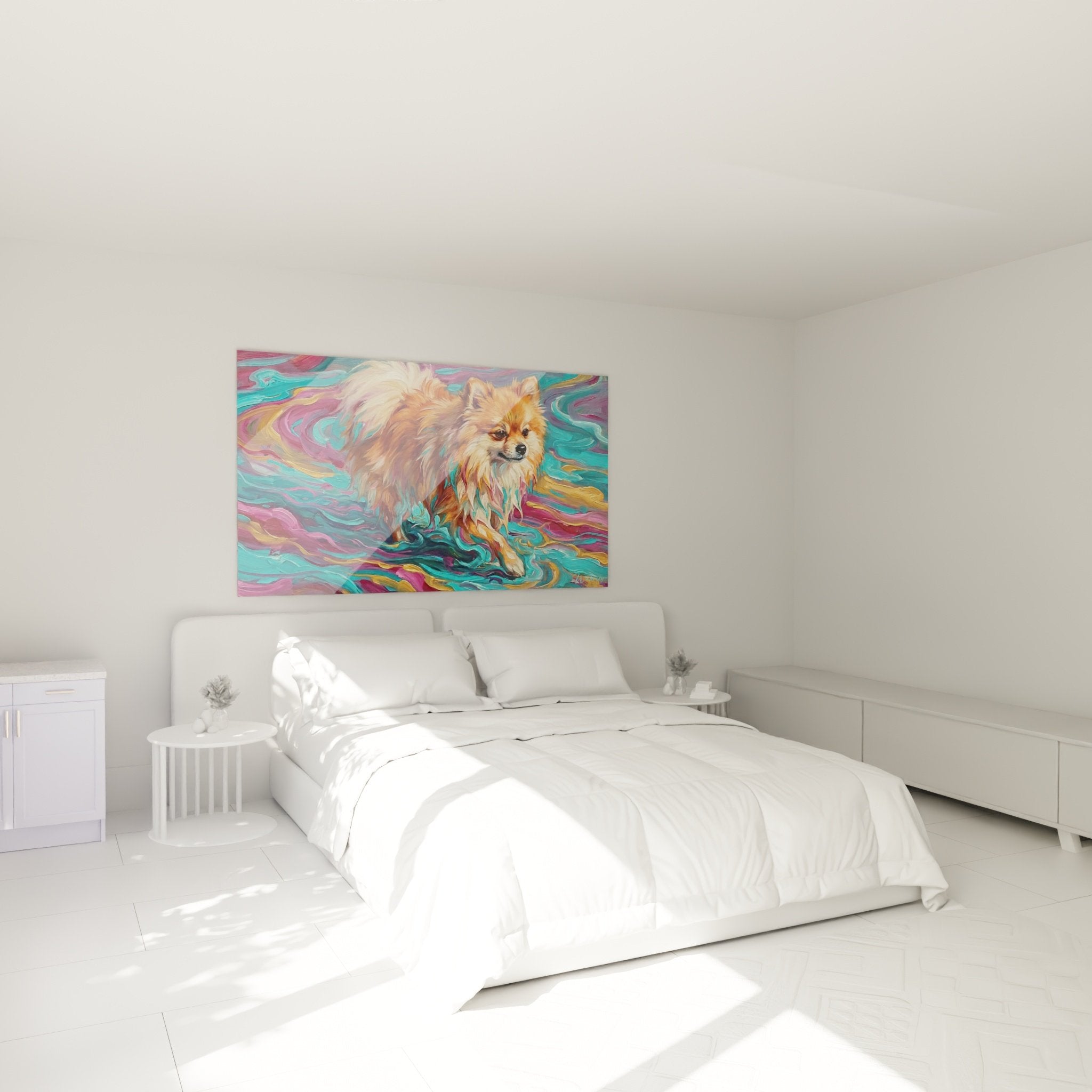 Tableau Spitz Pomeranien couleurs vives decore chambre moderne mur blanc mobilier contemporain