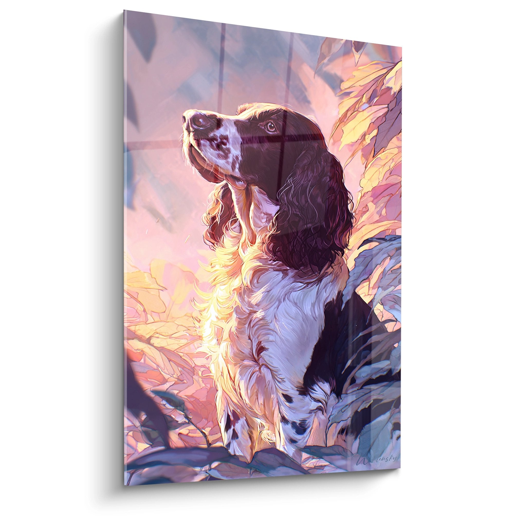 Portrait artistique de Springer Anglais aux tonalites dorees et mauves sur fond nacre lumineux