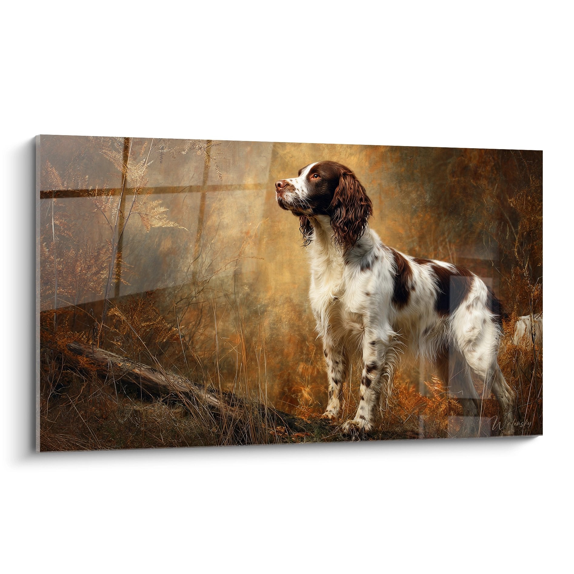 Tableau springer anglais en posture arret paysage automnal tons dores cuivres chien chasse britannique