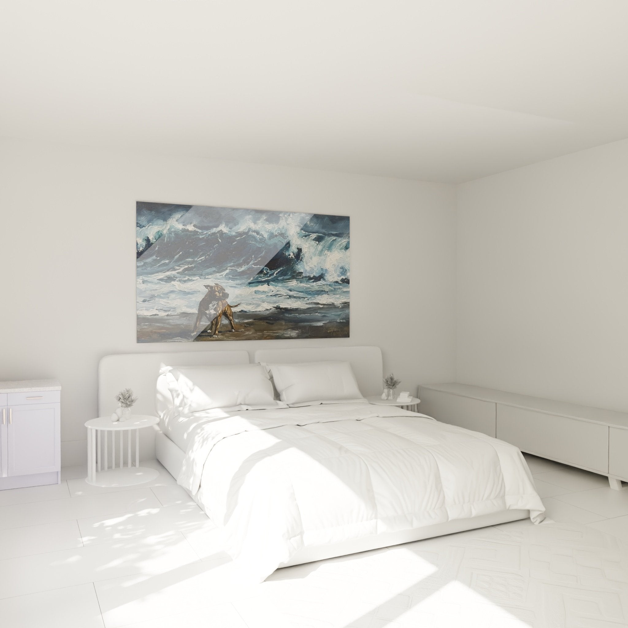 Staffordshire Bull Terrier Hundetafel maritim im modernen Schlafzimmer in Beige- und Blautönen