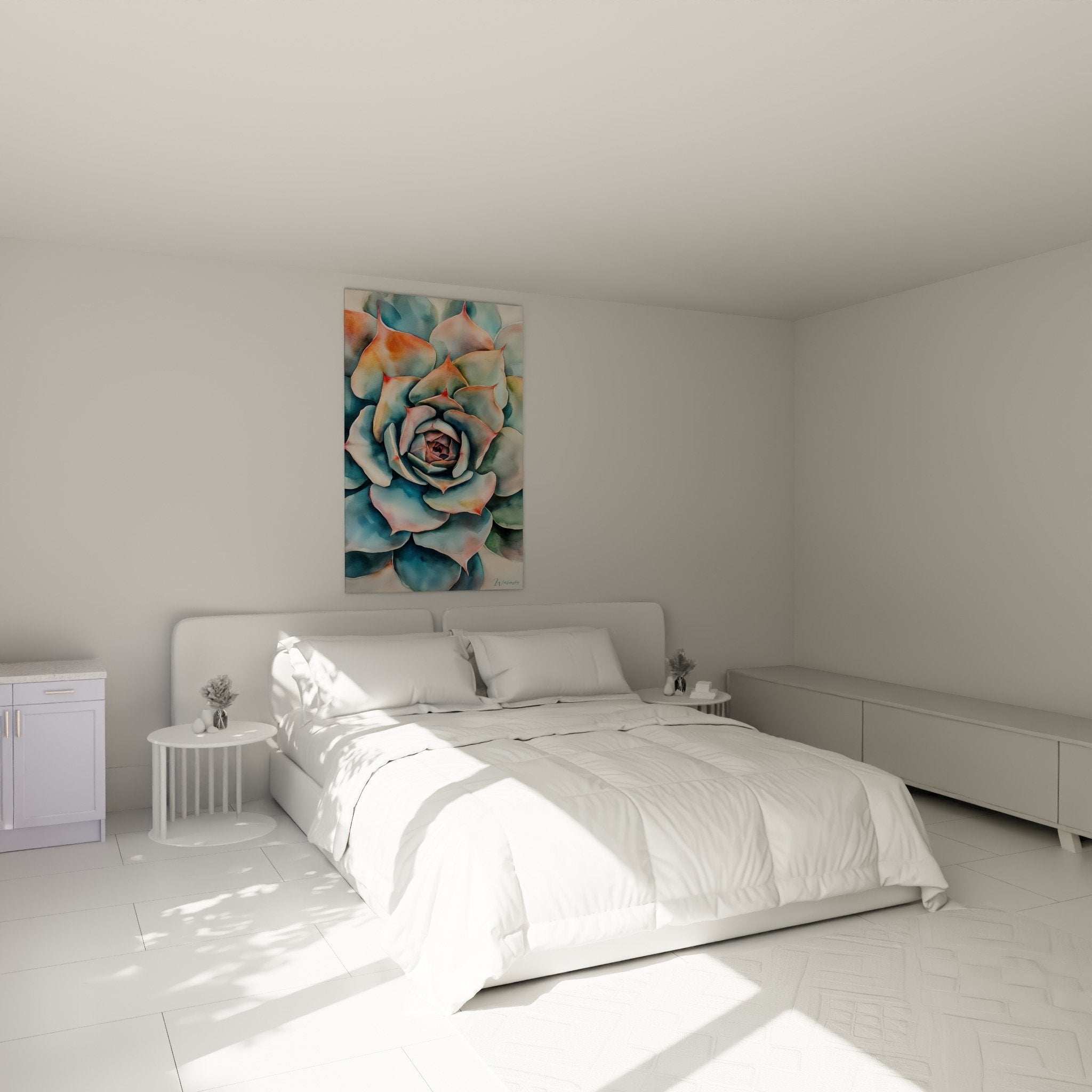 Plante grasse turquoise et corail style cubisme dans une chambre moderne aux tons neutres