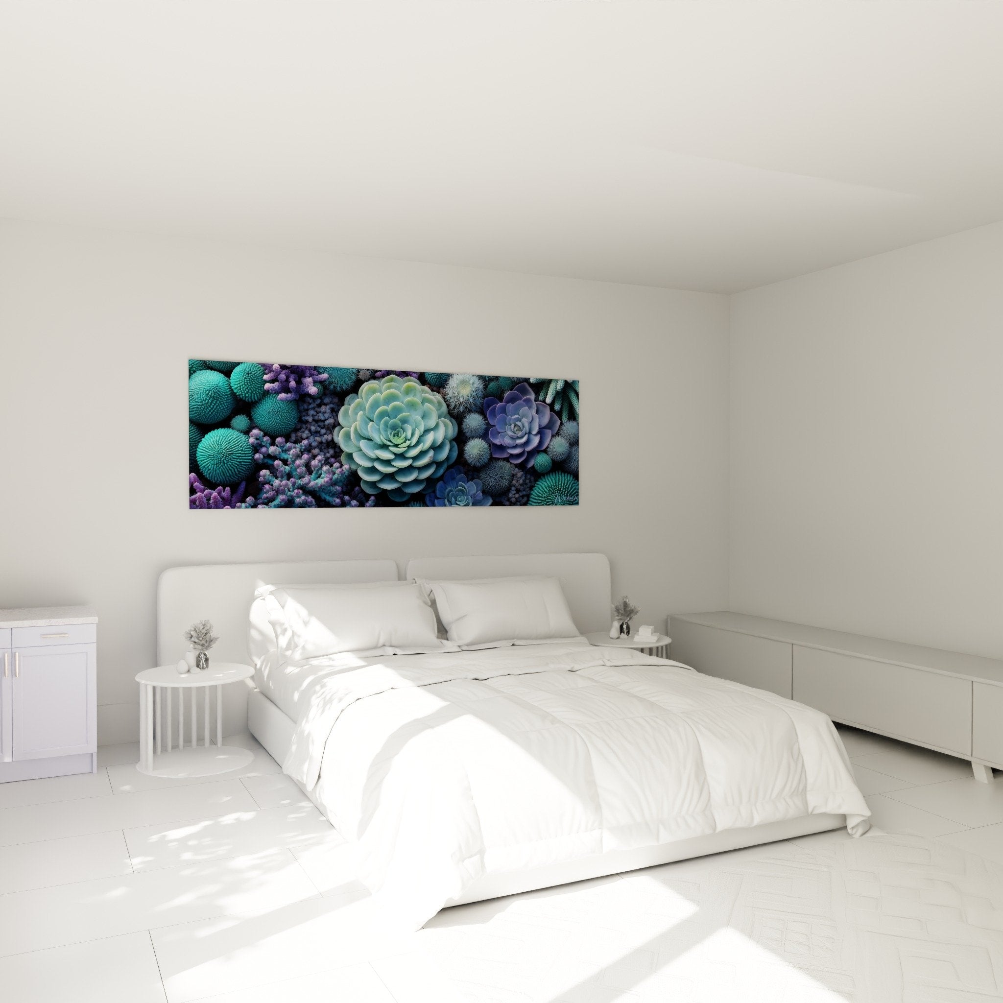 Tableau succulentes turquoise violet dans chambre moderne decoration murale zen contemporaine cubisme