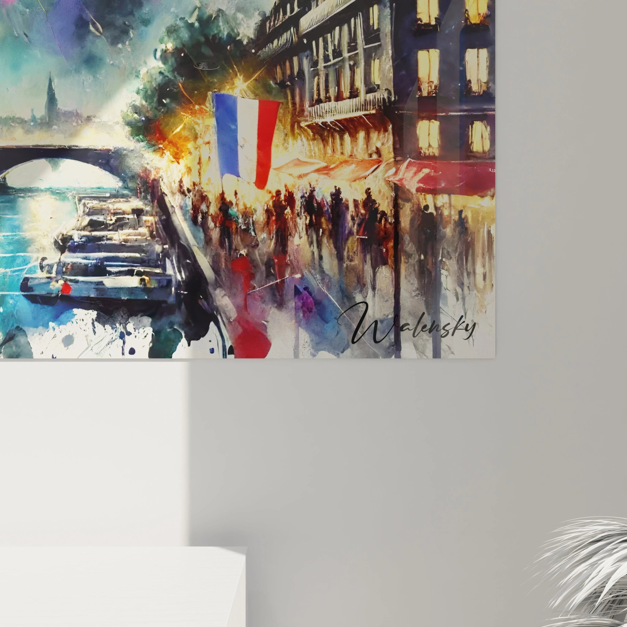 Vue rapprochée du tableau 14 Juillet dévoile des textures riches et des coups de pinceau dynamiques. Les feux d’artifice et leurs reflets lumineux ajoutent profondeur et éclat à cette scène parisienne.