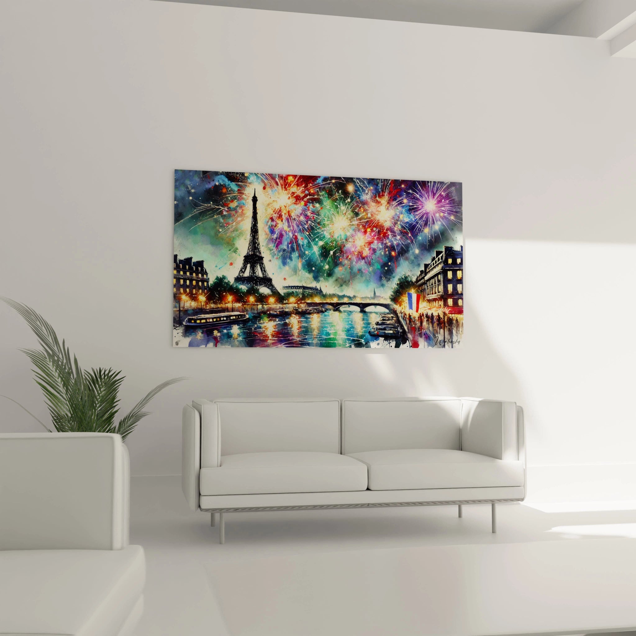 tableau 14 Juillet au mur d’un salon, au-dessus du canapé, dynamise l’espace avec ses tons rouge, bleu et jaune éclatants. L’œuvre devient un point focal captivant pour une ambiance festive.