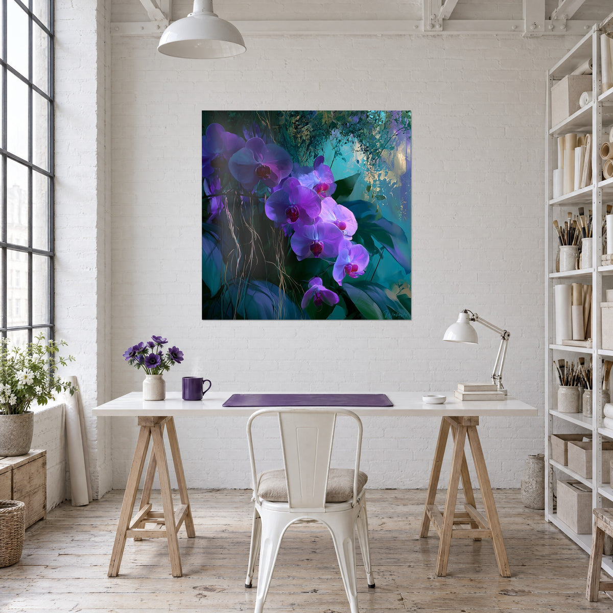Cuadro de Phalaenopsis violetas en cascada, raíces aéreas doradas sobre fondo turquesa, colgado encima de un escritorio blanco de loft
