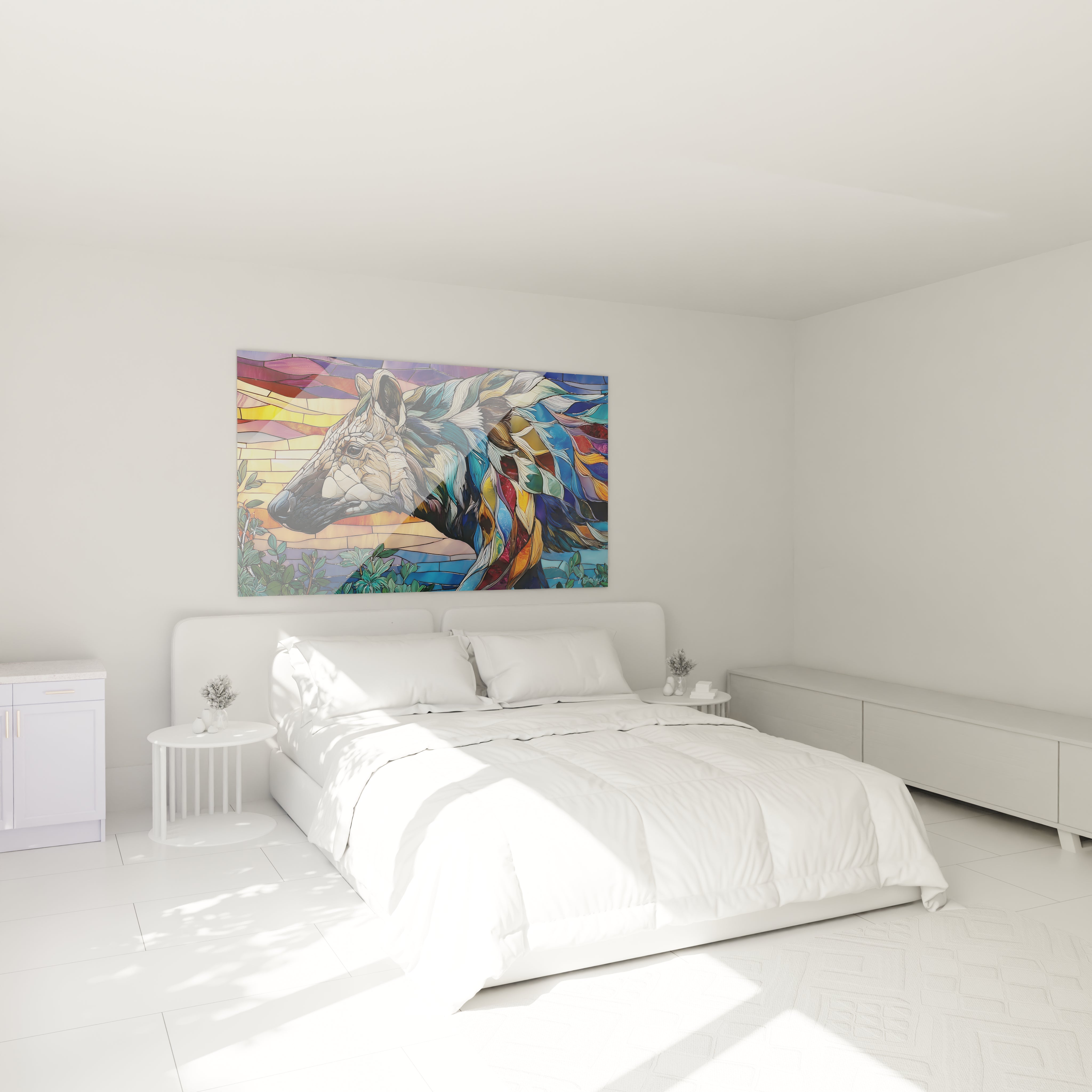 Tableau décoratif Andrewsarchus coloré installé dans chambre moderne ambiance cosy