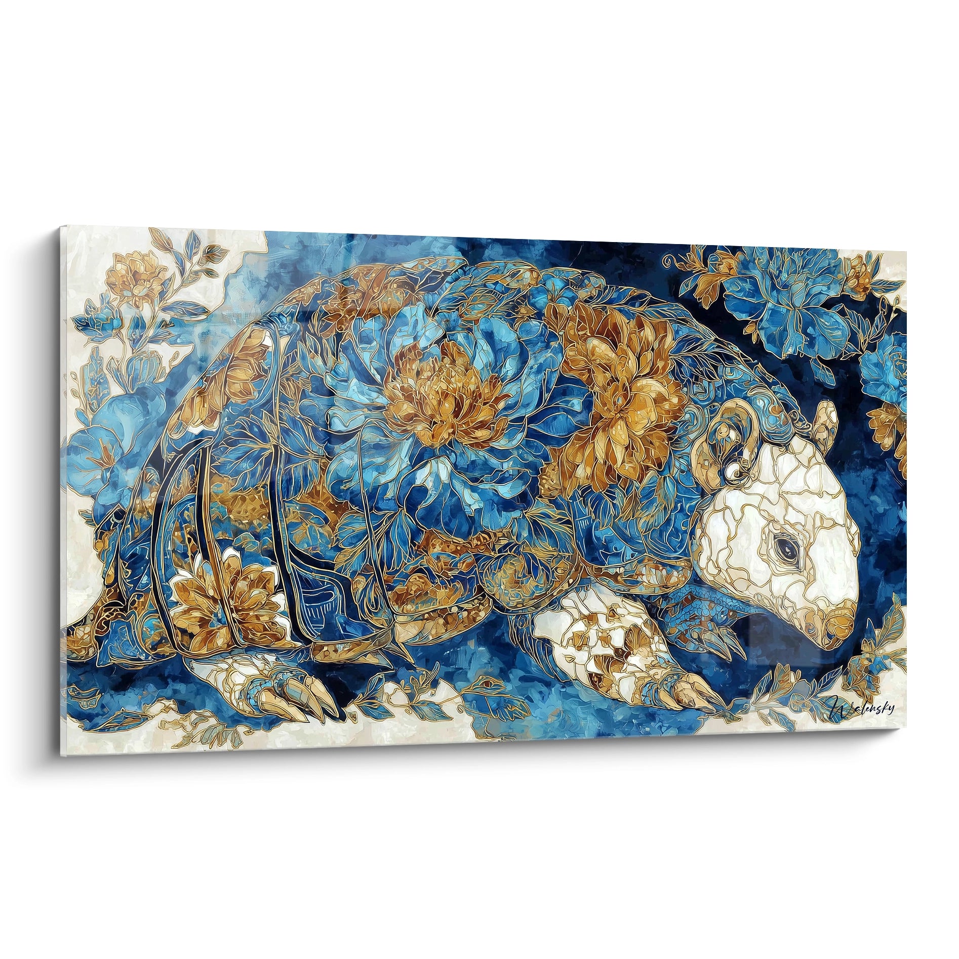 Tableau Glyptodon ornée fleurs dorées fond bleu océan décoration murale Glyptodon