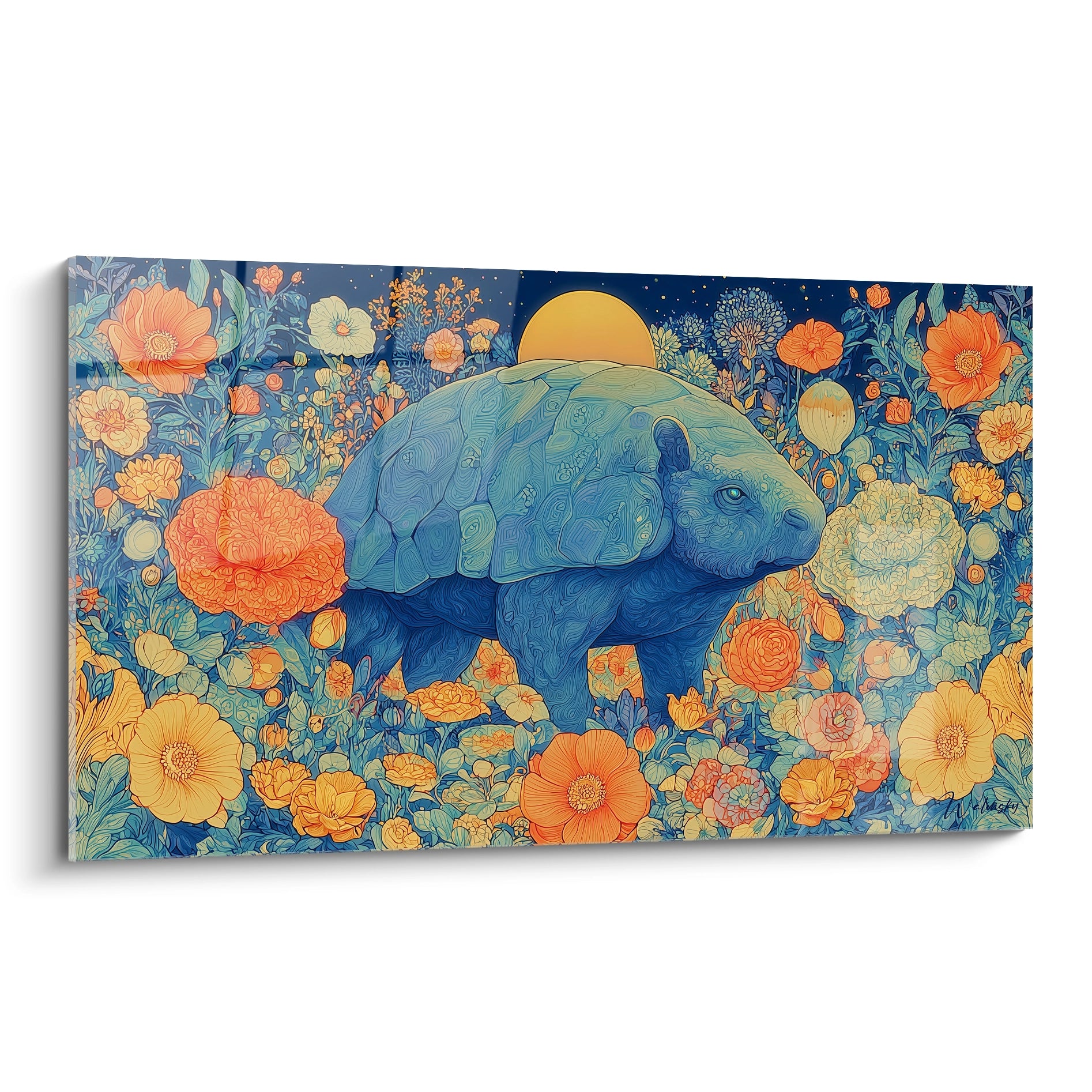 Tableau Glyptodon bleu dans jardin fleurs colorées orange corail édition Glyptodon art mural décoratif