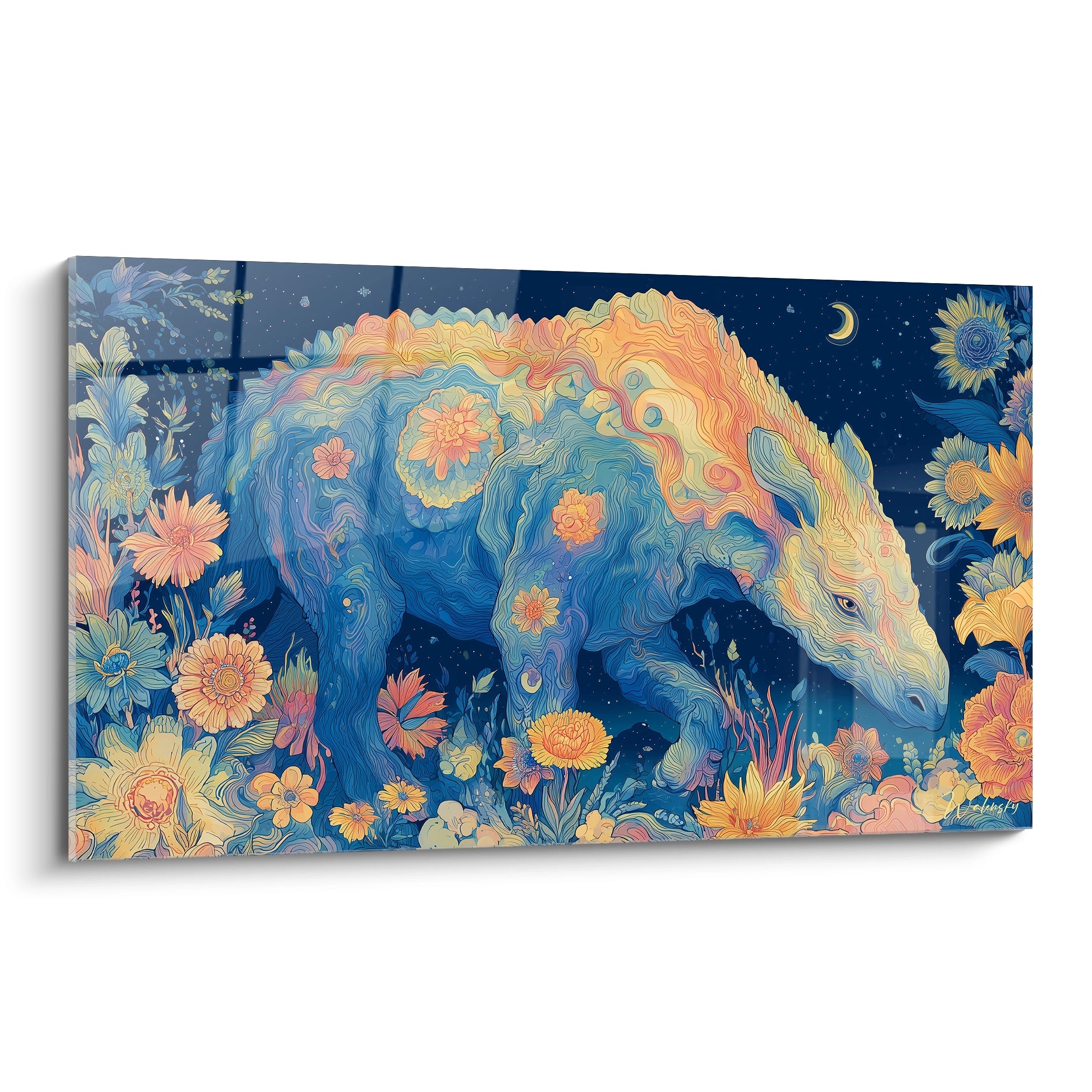 Tableau mural Indricotherium fantastique bleu orange dans jardin fleuri nocturne étoilé édition Indricotherium art décoratif
