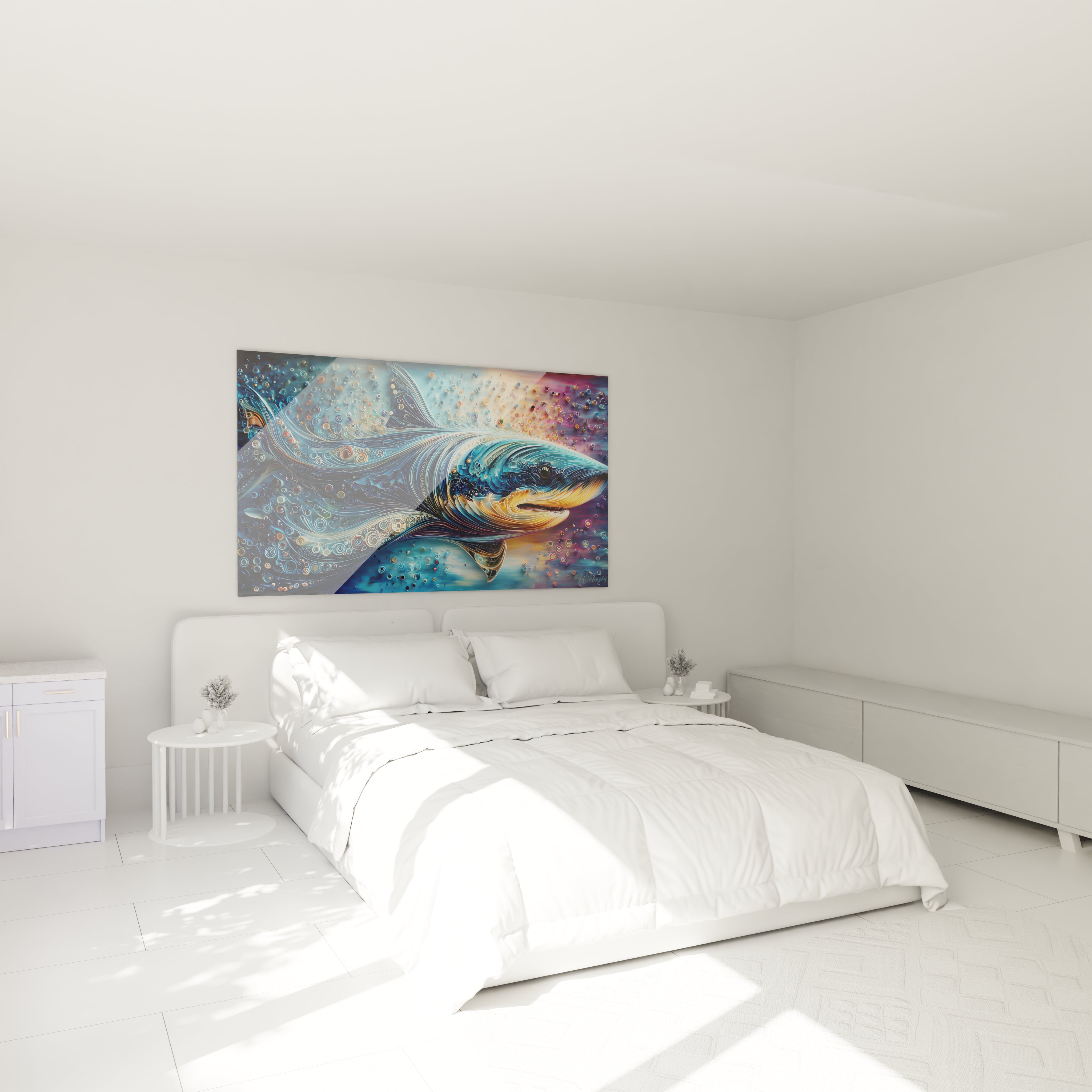 Ambiance chambre avec tableau Mégalodon moderne coloré, décoration murale océan sophistiquée