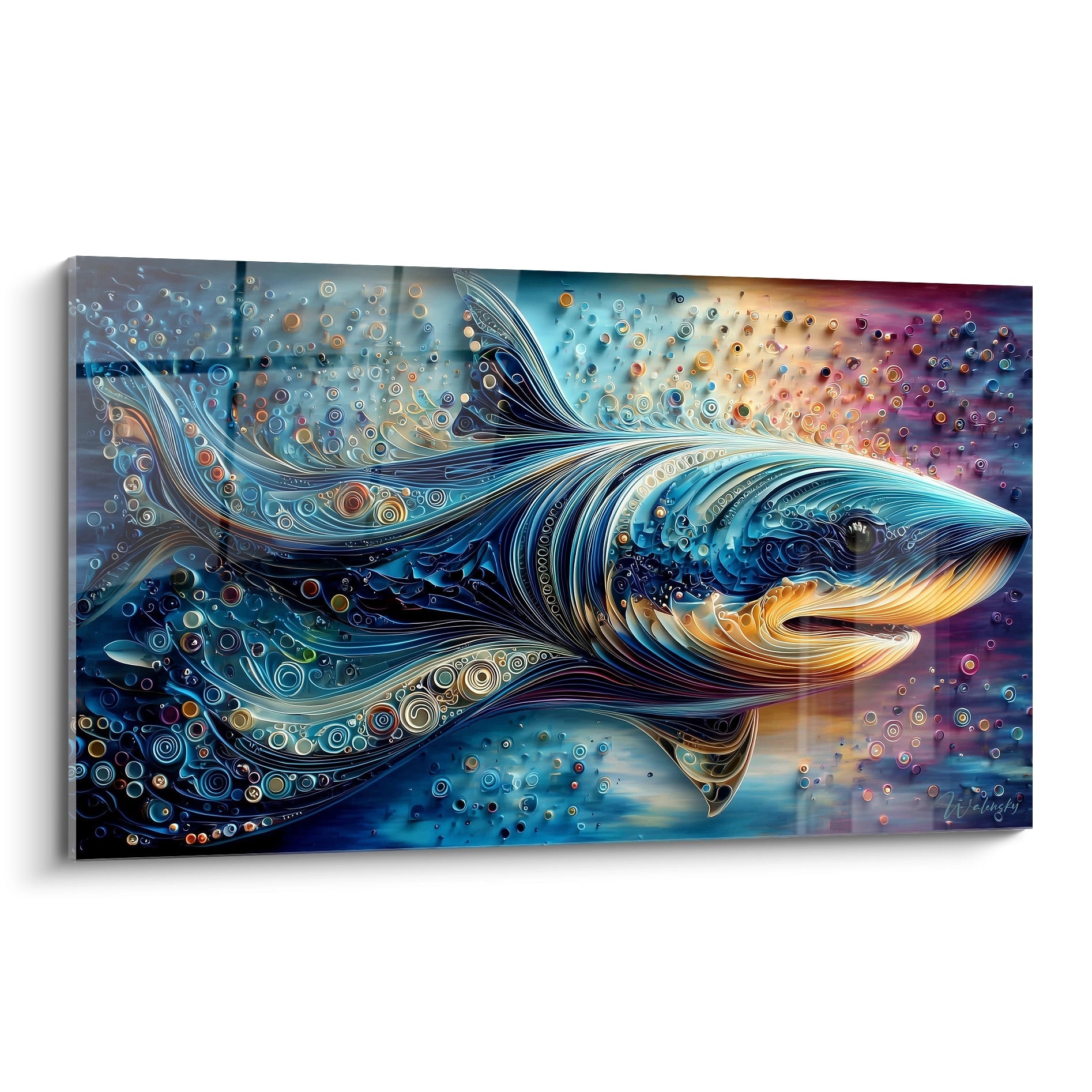 Tableau mural Mégalodon stylisée aux couleurs vibrantes bleu orange, art moderne océan décoratif